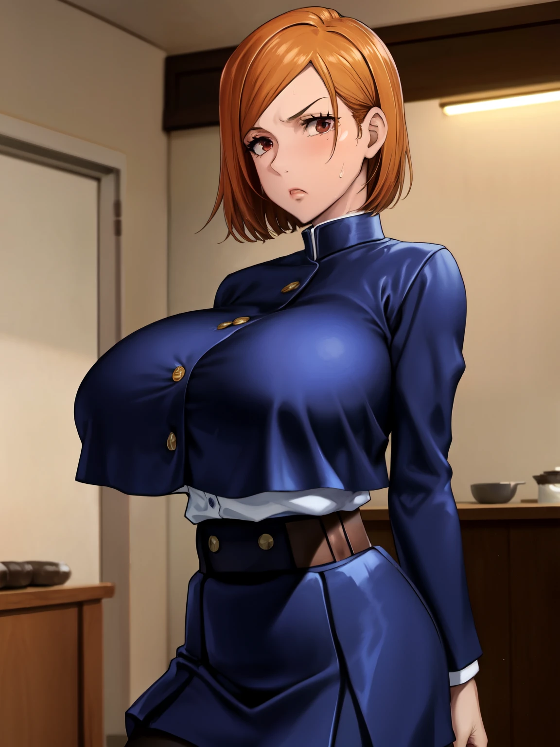 NobaraSU1,One girl, alone, short hair, Orange Hair, , Brown eyes, View Viewer, bangs, Cowboy Shot, skirt, Long sleeve, high-waist skirt, Angry face,Irritability,pantyhose, black pantyhose, Hourglass Shape, blue skirt,  turtleneck, Sweat drops, Hair behind the ear, Blue jacket, Blue clothes,  belt,Shiny Hair, button, Crop top overhang,  Hourglass Shape,indoor,(thin_Waist:1.6),(narrow_Waist:1.4), Breaking the masterpiece, highest quality, Highly detailed background, perfect lightinghighest quality, ((Shiny skin, Shiny skin, Detailed skin)),(beautiful huge breast:1.1),((busty)),full bust,toned,((Clothed Big Tits)),(breast close-upー