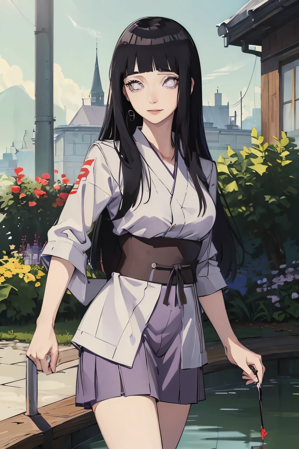 (((masterpiece))), HinataHyuga, 1girl, solo, long hair, looking at viewer, smile, large breasts, black hair, purple eyes, blunt bangs, white eyes, no pupils, 1girl, clothes tug, skirt tug, dress tug, bathhouse, partially submerged, white kimono,, masterpiece, best quality, highly detailed,