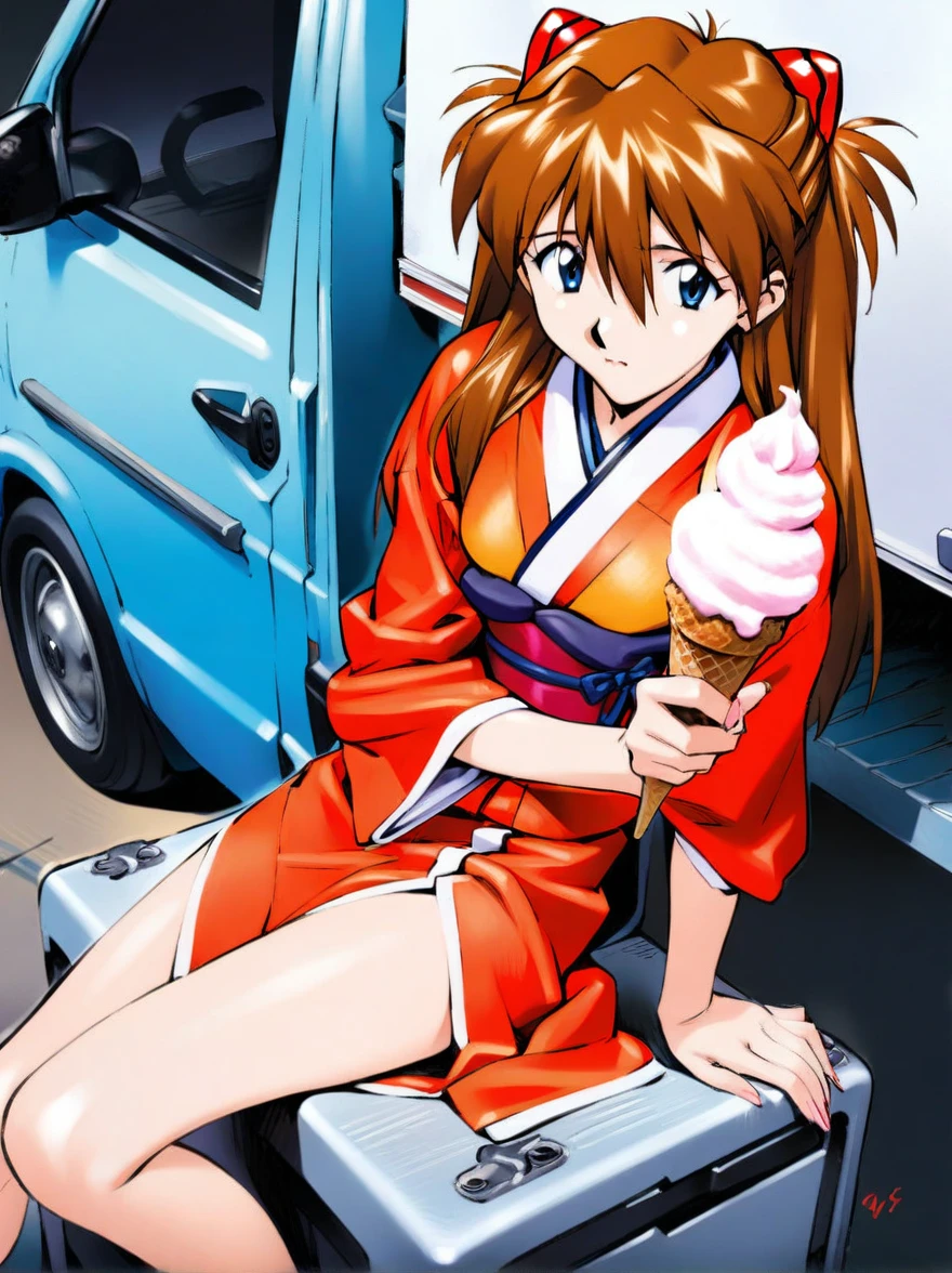 1 Girl, Soryu Asuka Langley wearing a kimono, Bored expression, Holding an ice cream cone, Sitting next to the ice cream truck, masterpiece, Best quality, very aesthetic