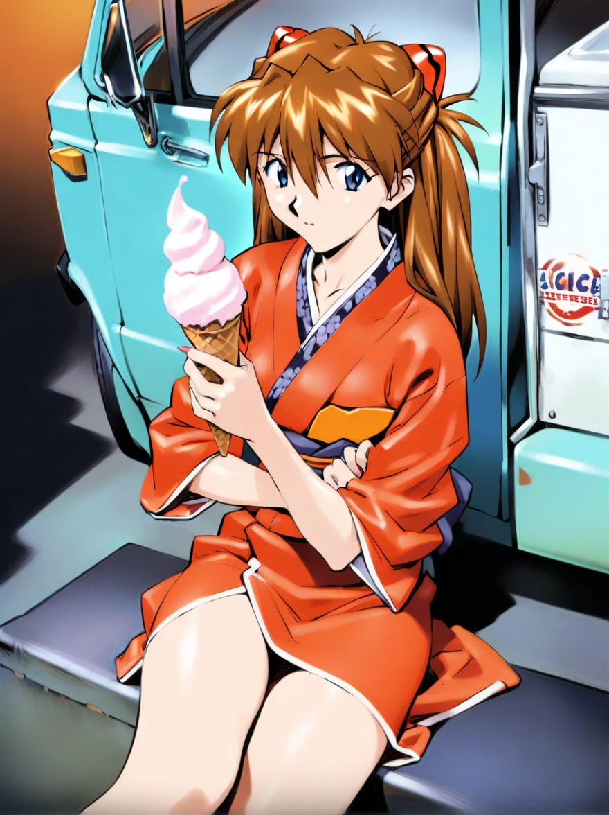 1 Girl, Soryu Asuka Langley wearing a kimono, Bored expression, Holding an ice cream cone, Sitting next to the ice cream truck, masterpiece, Best quality, very aesthetic