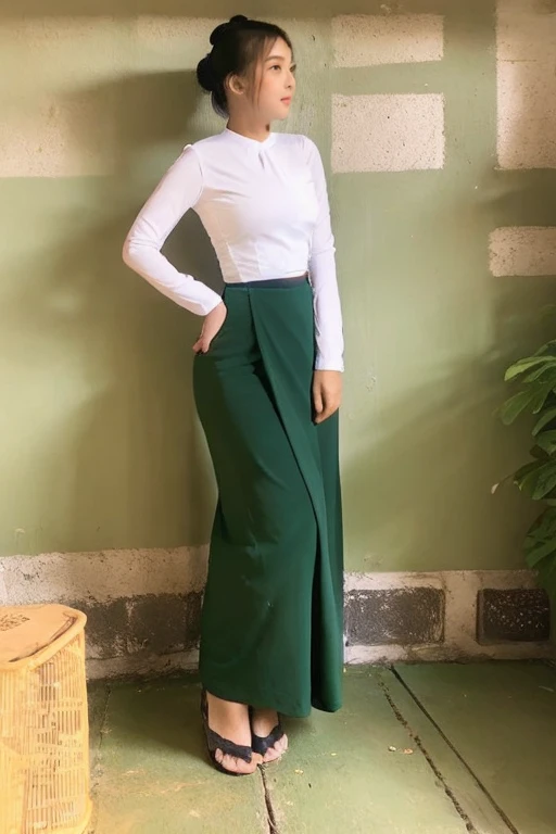 A school teacher is 30years old.Tall, thin, big hips, big breasts, black hair, small lips, brown eyes, attractive, 64K.Top=white Burmese blouse,With long sleeves,Buttoned at the side.Bottom=(Dark green) long skirt.
Footwear=female Burmese sandals,The hair is knotted bun.