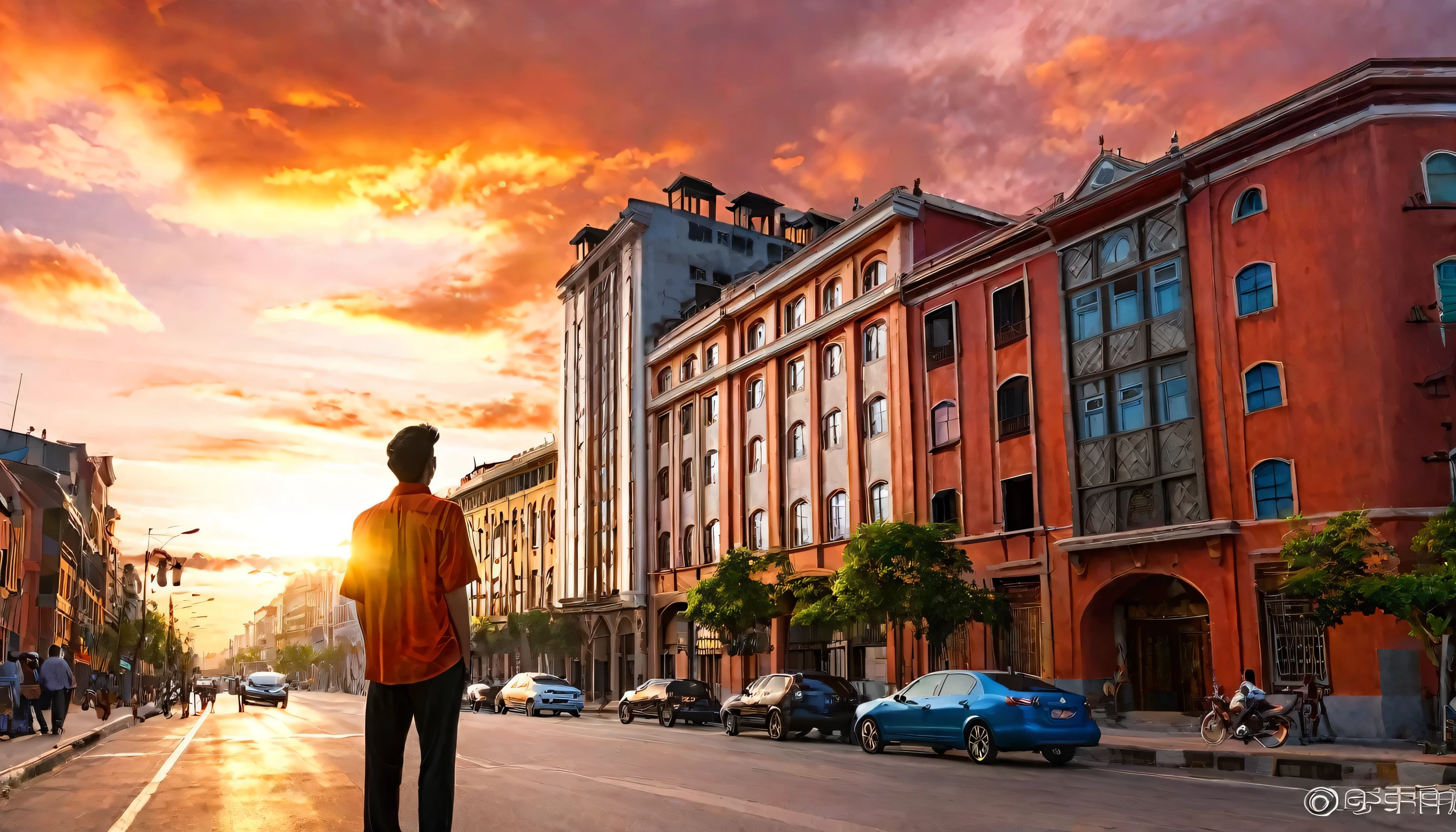 a man standing in front of a many buidling and also stand on middle of the road, sunset time, sun setting, orange clouds, red sky, realistic, hyperrealistic,