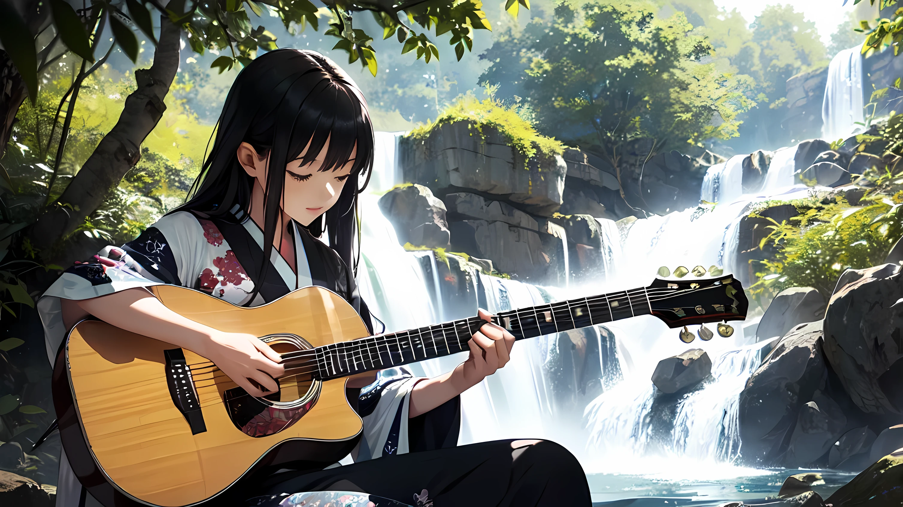 ((long shot)) high quality, fantastic, mysterious, sunlight filtering through trees, (huge waterfall), sitting playing guitar, eyes closed, playing, one woman guitarist, woman in Japanese kimono, kimono has bright pattern, cool woman, fantastic, ,long black hair, Japanese patterned guitar