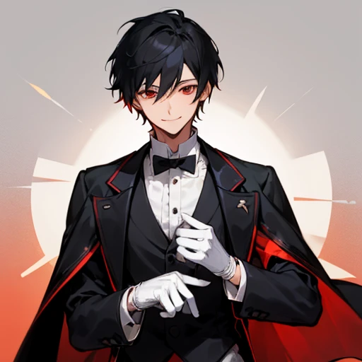 1 Male, solo, Butler, 29-year-old, Black Hair, Red gradient hair, Short Hair, Red Eyes, Black tailcoat, white, Ally, kind, leader, saint, gentleman, honest, smile, Black gloves, up, white薔薇のブローチ, cool