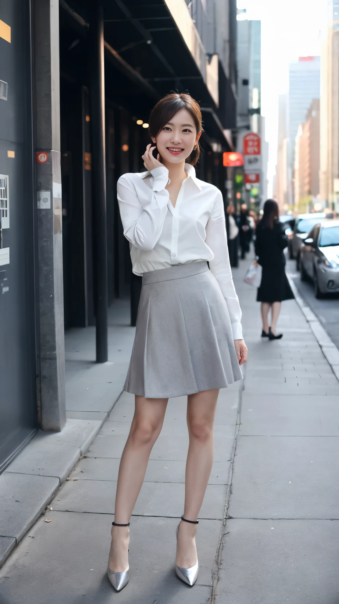 (8k, RAW Photos, highest quality, masterpiece: 1.2), (Realistic, photoRealistic: 1.37), 1 A woman wearing a suit skirt standing on the sidewalk, Cityscape, Day, Sunny Morning, Professional Lighting, Photon Mapping, Radio City, Day本人女性, shirt, The best smile:1.5，Silver Hair:1.5，
