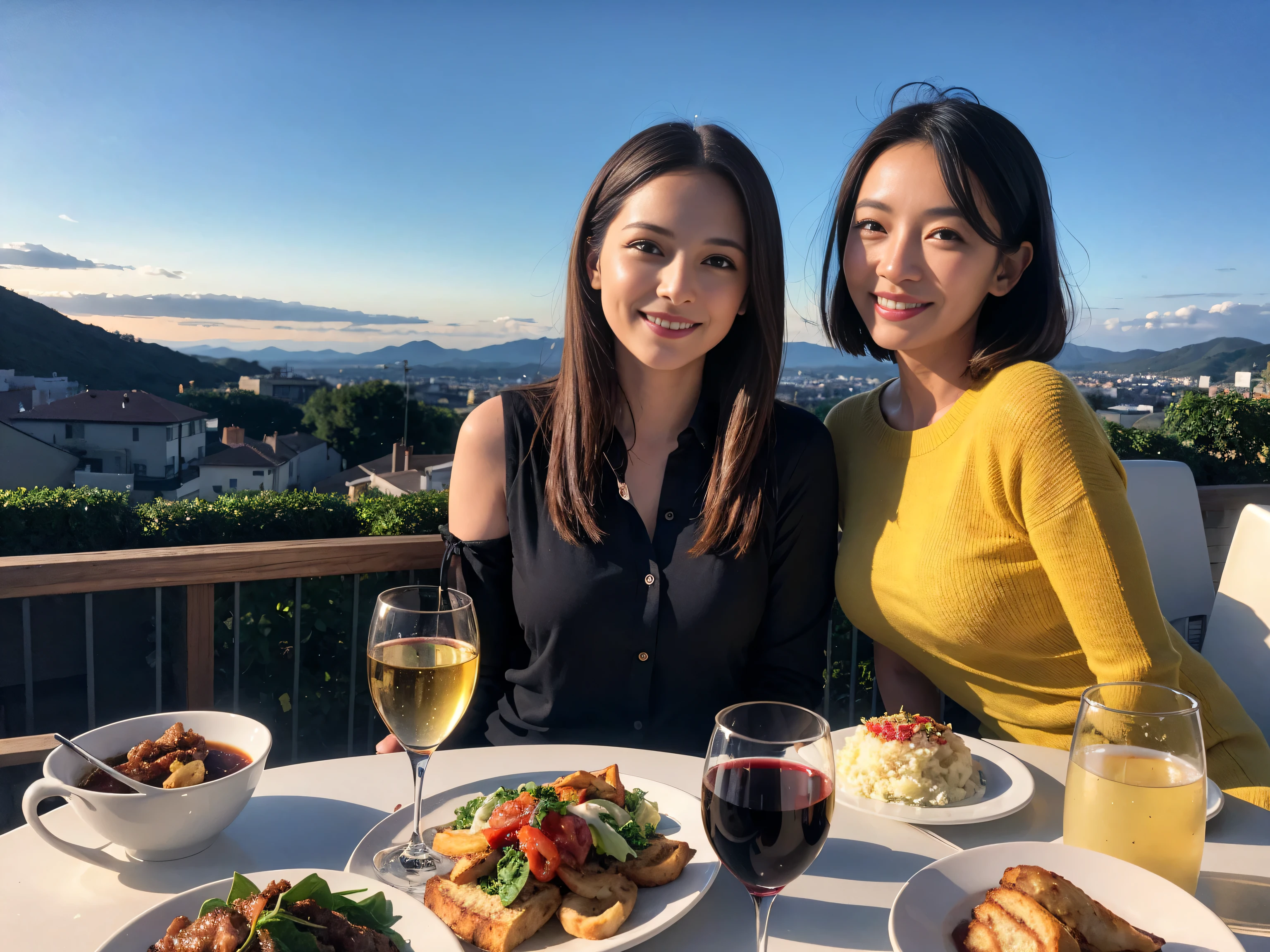 ((highest quality、8k、masterpiece:1.3))、1 male、1 female、Couple、Spouse、Satomi Ishihara-like beautiful couple、The body is slim、((Bob Hale、Straight hair:1.2)), (Realistic, Intricate details:1.2), Wine glass on the table、Shine light on your face、 Amazing view of the sunset sky and clouds、Amazing mountain views、A bright smile、The wonderfulness of smile、Bright image、The beauty of wine, Beautiful Face, blue eyes, The light shines on your face, Blushing, short hair,Bright Face、 (Age 35), 39 years old, red wine 、Appetizers、Italian food、Wine bottle、Champagne、sparkling wine、Two beauties、Brown Hair、Shortcuts、Long sleeve shirt、dress、Pretty Woman 1, (Slim face), (The body is slim), (Brown Hair), (Shortcuts), cheeks turn a little red,Attractive beauty、restaurant, In a prominent place (From the waist up) Nova Frog Style, actress, model, Upper Body, White wine, slim, wine glass, A wine glass placed in the center, smile, (smile: 1.15), Beautiful fine grain, Depth f/2,saturation, High Contrast, Strong light and shadow,Moist Body:1.5、3D texture、Delicate eyes、Brown Hair、The hair is very shiny、
