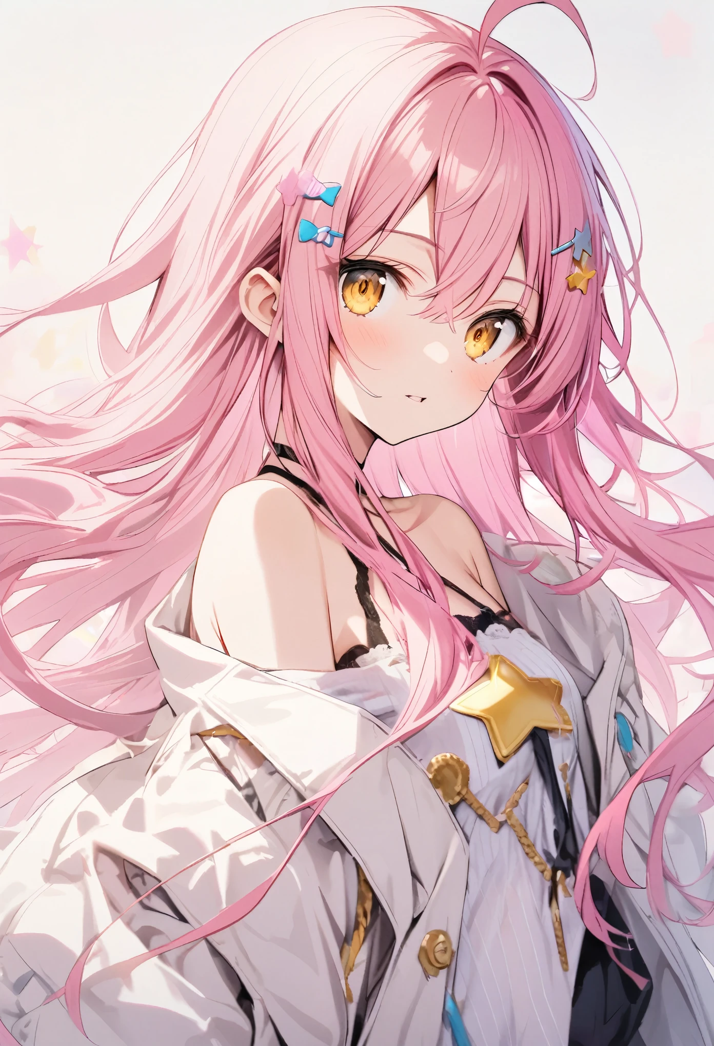 ((Pink Hair)),Long Hair,Ahoge,Star Hair Clip,((Golden Eyes)),White coat,Off the shoulder

