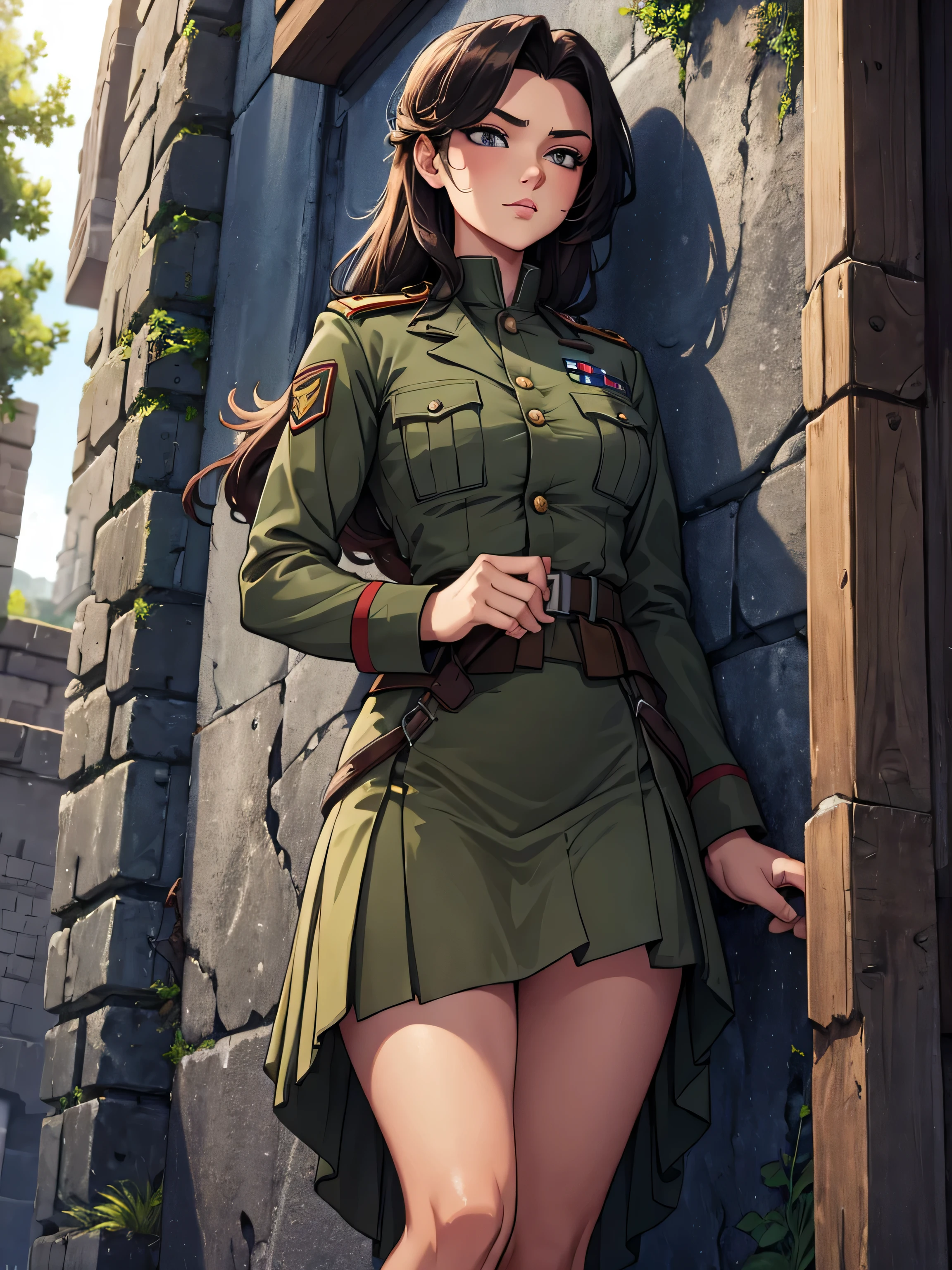 A modern female soldier with chiseled features climbing the castle walls, Skirt-style military uniform, masterpiece, High resolution, masterpiece