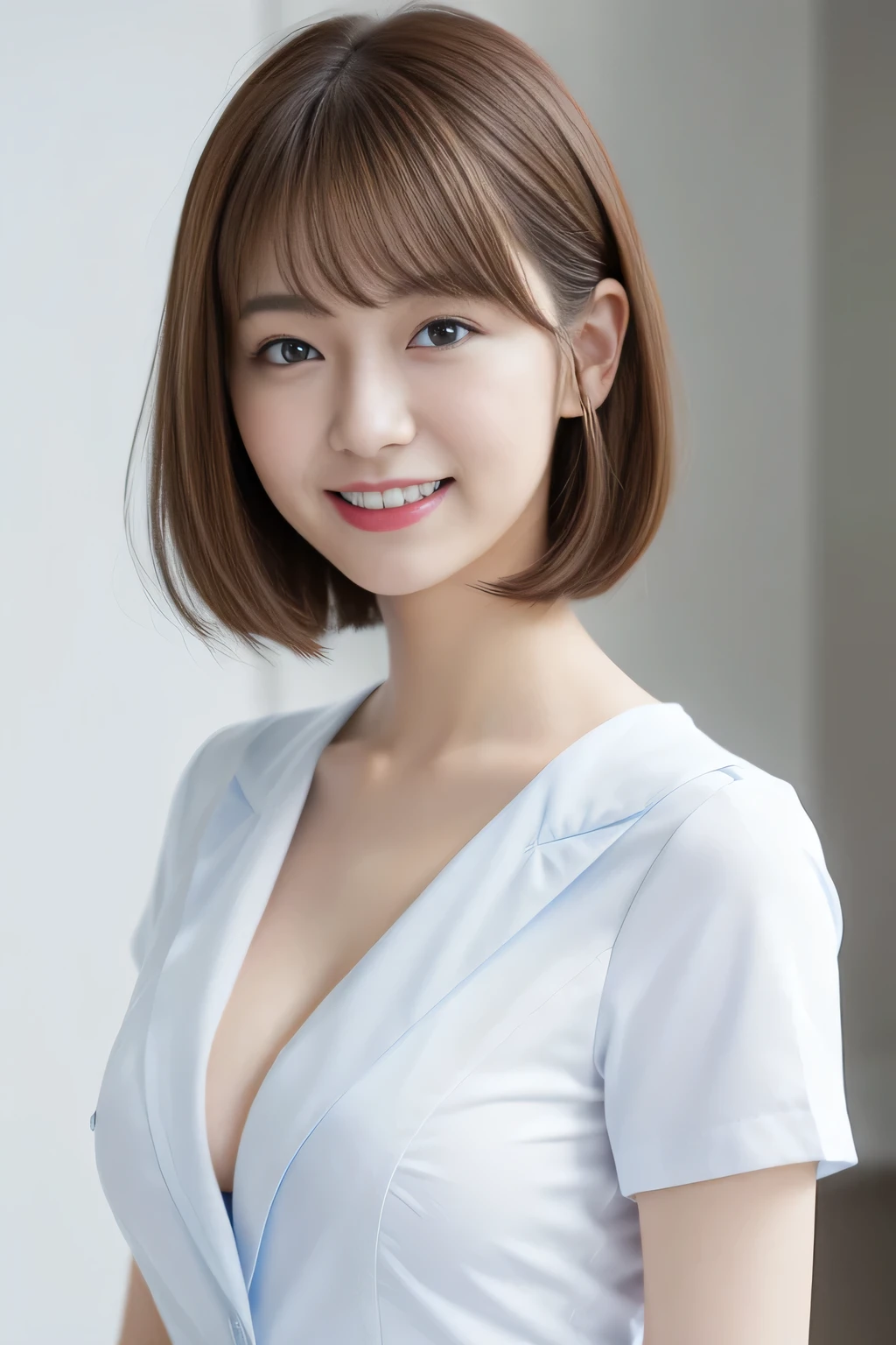 highest quality、8k wallpaper、Reality:1.4、Cinema Lighting、View your viewers、background:An all-white room、1 beautiful girl、Japanese Idol、18 years old、Beautifully detailed eyes、Detailed face、Beautiful Skin、Slender、Slim waist、Thin legs、Red lipstick、Fancy hairstyle:1.8、Random hair color、Light Hair、Asymmetrical bangs、Japanese nurse outfit、Light blue nurse uniform、smile:1.5、Seductive pose、Large Breasts:1.5、Slim Body:1.5、