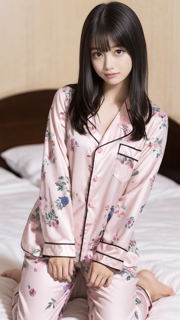 A woman in pink floral pajamas is sitting on her bed, Black Hair Girl, Beautiful black haired woman, Cute woman, young black hair girl, Dark hair and attractive features,、Also known as New Milky, Kanna Hashimoto, Beautiful woman, Posing in bed, Posing in the room