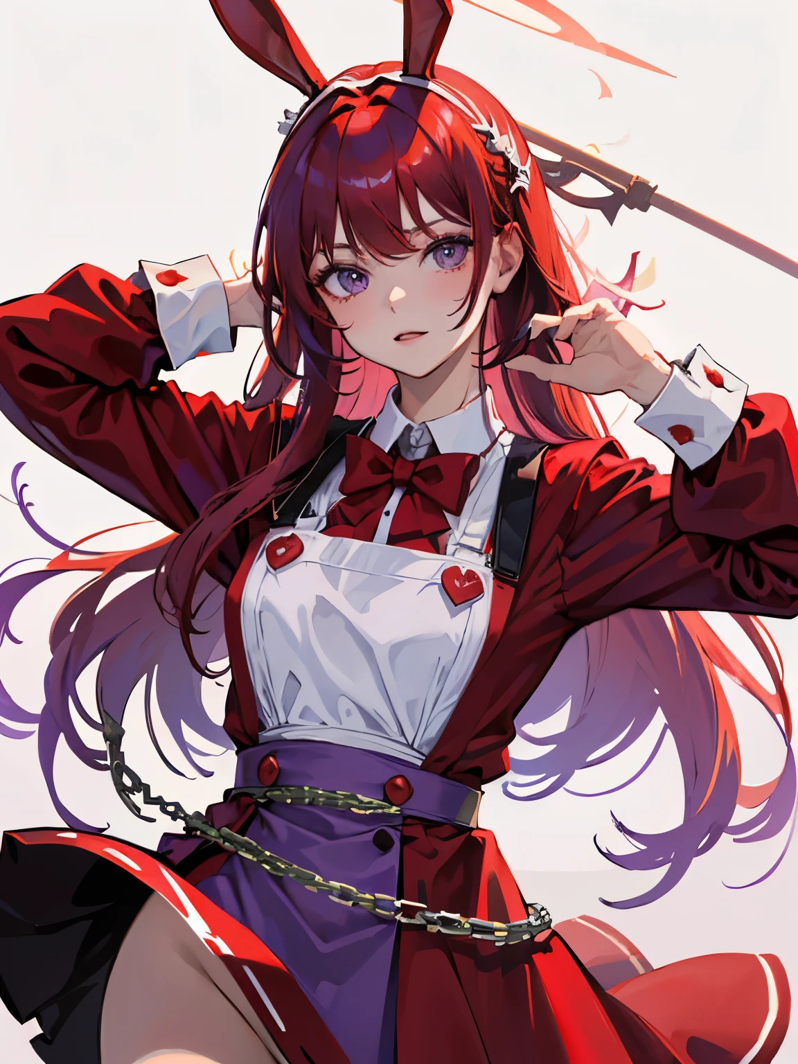 Outrageous, Best Quality, 1girl, solo, red hair, purple eyes, long hair, big, ahBunny, bunny ears, red corset, gakuran, aprons, red neck ribbons, red skirt, hair bow, short sleeves, wrist cuffs, white thighs, jingle bells