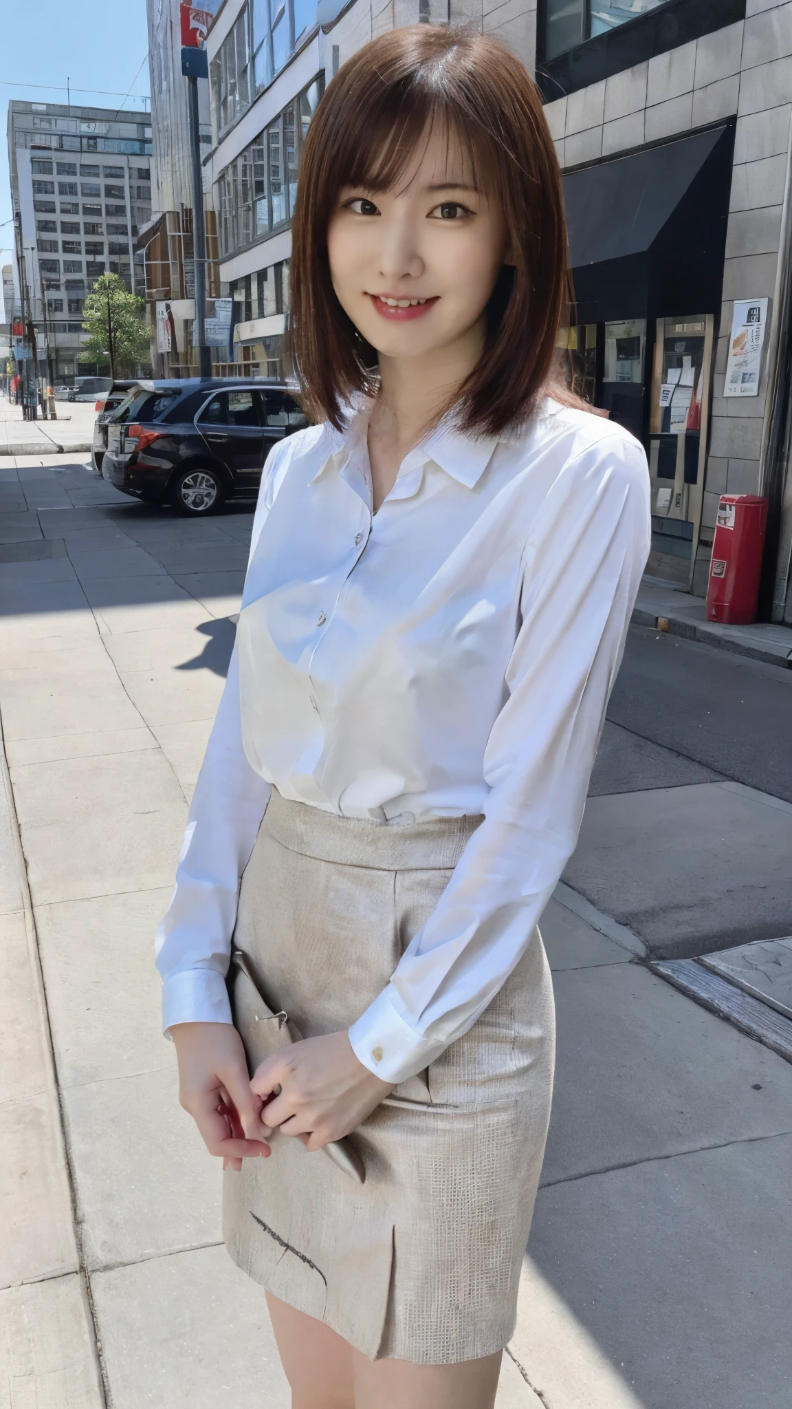 (8k, RAW Photos, highest quality, masterpiece: 1.2), (Realistic, photoRealistic: 1.37), 1 A woman wearing a suit skirt standing on the sidewalk, Cityscape, Day, Sunny Morning, Professional Lighting, Photon Mapping, Radio City, Day本人女性, shirt, The best smile:1.5,Silver Hair:1.5,