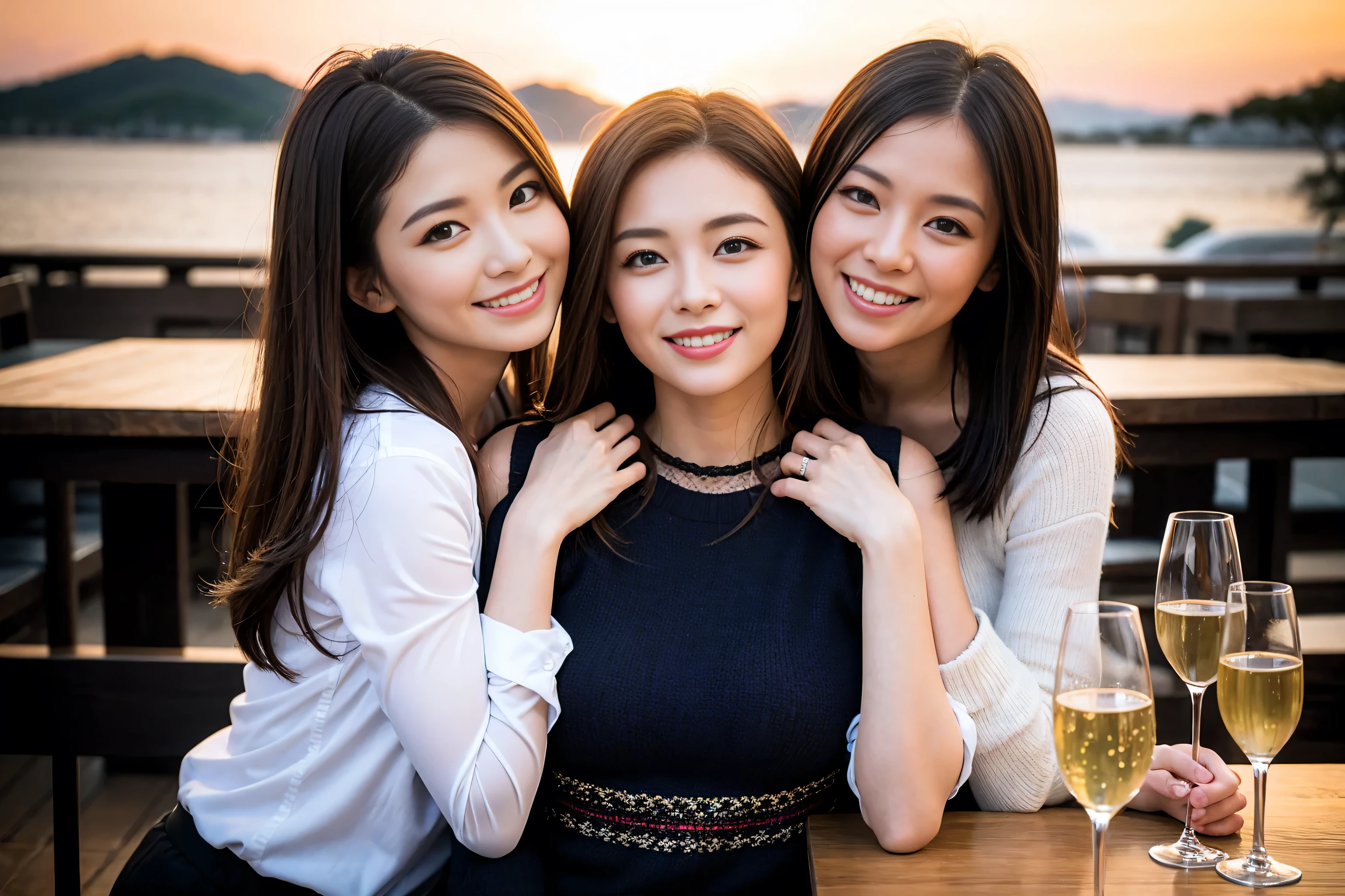 ((highest quality、8k、masterpiece:1.3))、1 male、1 female、Couple、Spouse、Satomi Ishihara-like beautiful couple、The body is slim、((Bob Hale、Straight hair:1.2)), (Realistic, Intricate details:1.2), Wine glass on the table、Shine light on your face、 Amazing view of the sunset sky and clouds、Amazing mountain views、A bright smile、The wonderfulness of smile、Bright image、The beauty of wine, Beautiful Face, blue eyes, The light shines on your face, Blushing, short hair,Bright Face、 (Age 35), 39 years old, red wine 、Appetizers、Italian food、Wine bottle、Champagne、sparkling wine、Two beauties、Brown Hair、Shortcuts、Long sleeve shirt、dress、Pretty Woman 1, (Slim face), (The body is slim), (Brown Hair), (Shortcuts), cheeks turn a little red,Attractive beauty、restaurant, In a prominent place (From the waist up) Nova Frog Style, actress, model, Upper Body, White wine, slim, wine glass, A wine glass placed in the center, smile, (smile: 1.15), Beautiful fine grain, Depth f/2,saturation, High Contrast, Strong light and shadow,Moist Body:1.5、3D texture、Delicate eyes、Brown Hair、The hair is very shiny、