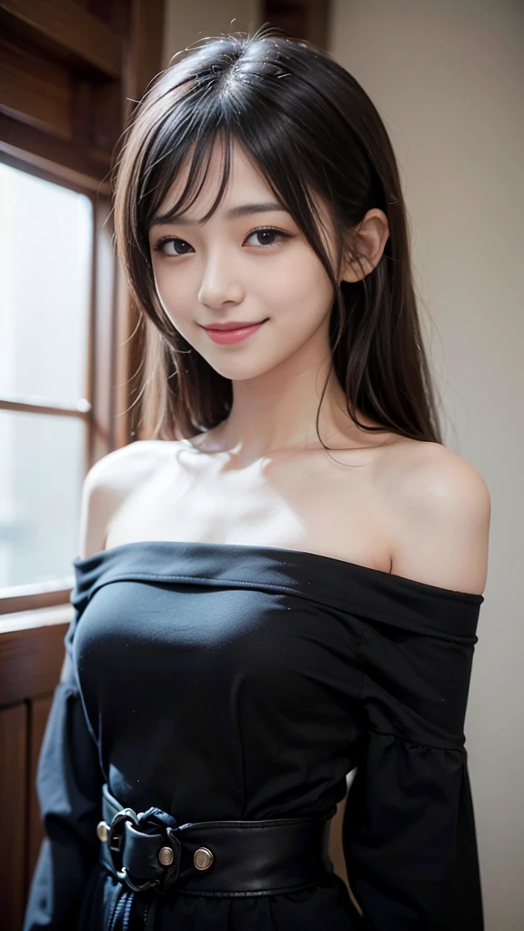((best quality、masterpiece、high resolution))、(((Upper body zoom photo、Black Hair)))、(Shy smile:1.2)、A woman、Beautiful skin、beautiful eyes、cleveage、Off-shoulder,Tentacles,章鱼Tentacles,
