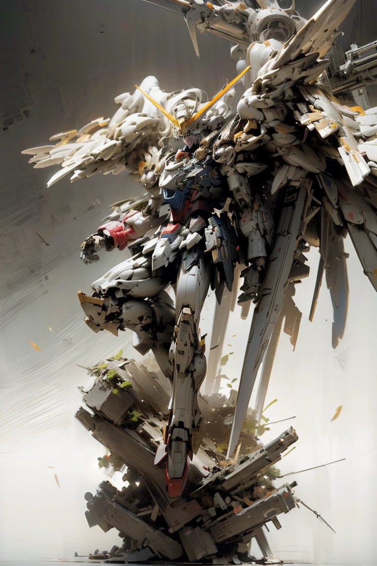 ((masterpiece, highest quality, Highest image quality, High resolution, photorealistic, Raw photo, 8K)), ((Extremely detailed CG unified 8k wallpaper)), Wing gundam zero, They spread their wings and soar over the ruined city,