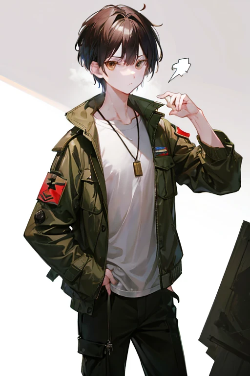 1.male.A loose khaki jacket.Loose fitting trousers.Black Army Boots.whole body.(White background).Brown short hair.Sleepy eyes.Put one hand in your pocket.Standing in a languid position.Around his neck he wears a pendant with a medal the size of a coaster hanging from it.