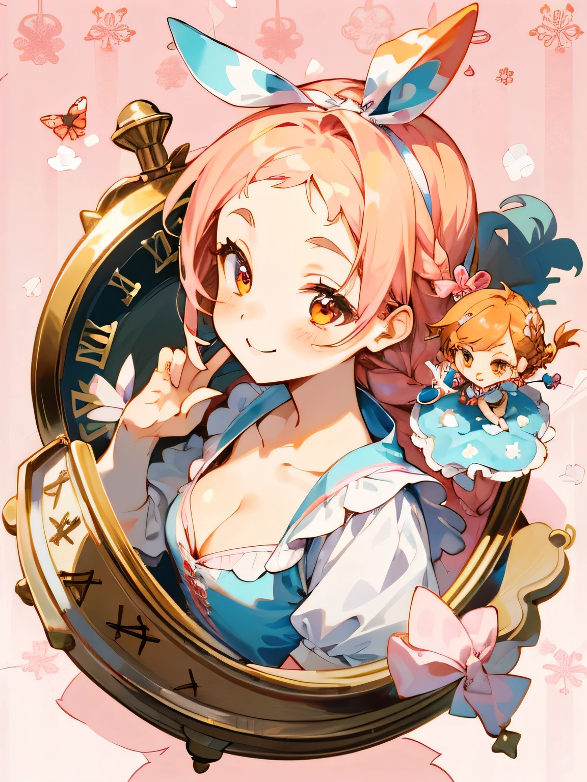 (chibi),solo,((The world is small)),(head shot),braid,open forehead,smile,Fairytale princess style,Alice in Wonderland,clock rabbit、Cheshire Cat,(Pink and white pattern background:1.2),Red and white and pink and orange,(Alluring cleavage),