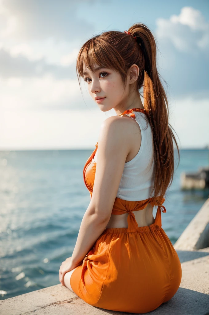 Kasumi, brown eyes, (best quality, ultra-detailed), (realistic:1.37), beautiful and detailed face, ultra-realistic texture, delicate face, delicate body, red lipstick, bright colors. High definition, 8K, well defined legs, cute smilling expression