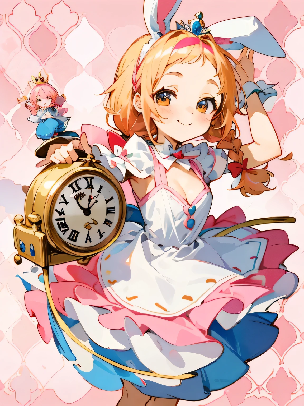 (chibi),solo,((The world is small)),(head shot),braid,open forehead,smile,Fairytale princess style,Alice in Wonderland,clock rabbit、Cheshire Cat,(Pink and white pattern background:1.2),Red and white and pink and orange,(Alluring cleavage),