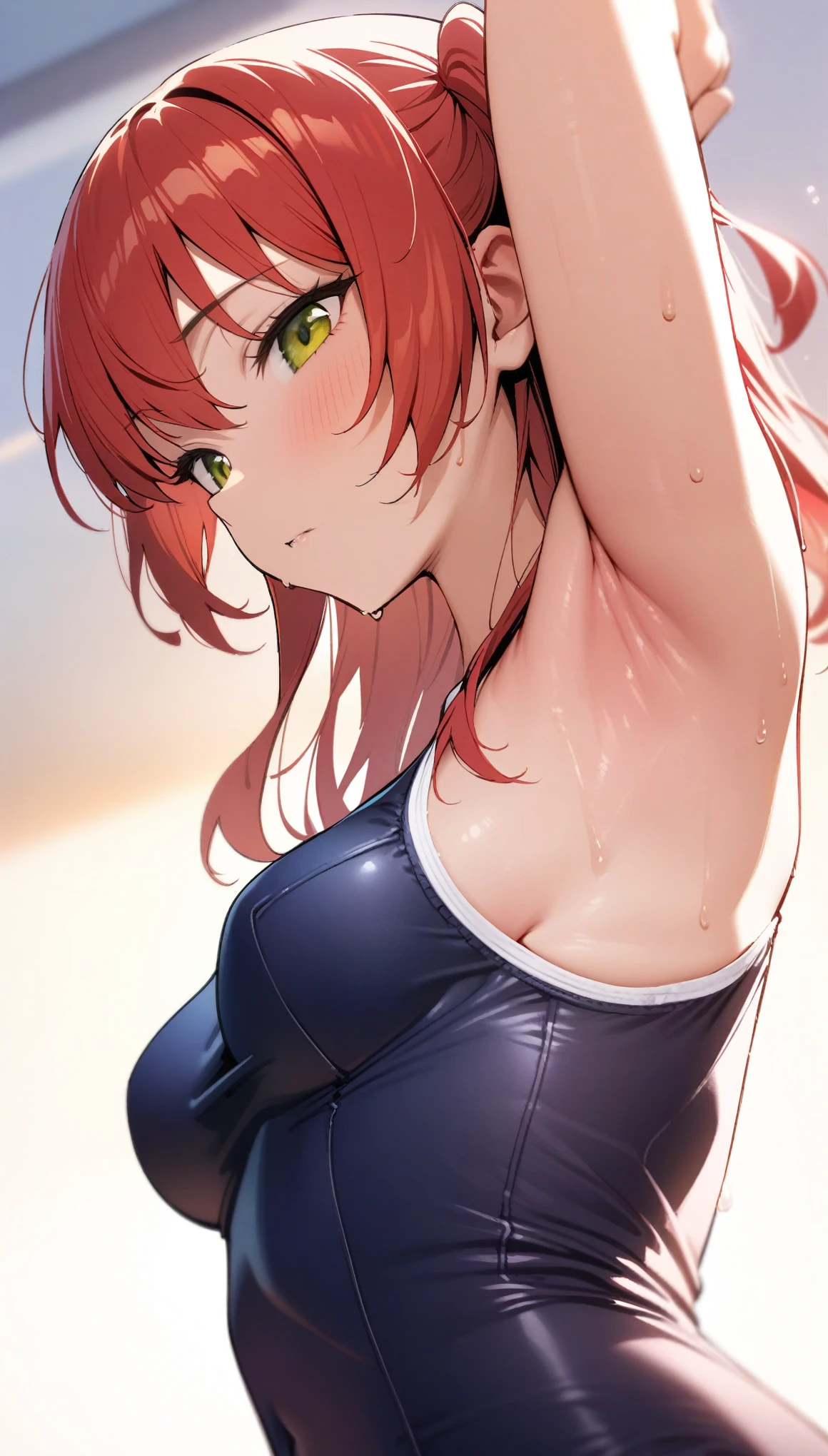 (masterpiece:1.2), hyper detail, best quality, (intricate_details:1.1), beautiful detailed, beautiful hair, solo,1girl,kita_ikuyo,red hair,one side up,((school swimsuit)),blurry_background,sweating,greasy shoulder,from below,looking side,flipped hair,armpit,greasy armpit,from side, shoulder focus,((armpit focus)),bare shoulder,upper body,(sideboobs),five fingers,((greasy armpit)),((smooth armpit)),((Pupil details)),backlighting,((five fingers)),((Detailed armpit)),((elastic armpit)),((soft armpit)),pov,cleavage,middle breasts