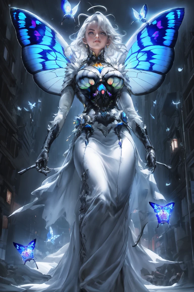 solo,1lady\(cute,kawaii,small kid,skin color white,short white hair,(big moth wing hair:1.7),white dress\(beautiful race\),(2moth antennaes at hair:1.8),[moth wing on back:2.0],[moth wing on body:2.0],[moth wings:2.0],[extra arm],moth wing is only at hair,breast,dynamic pose,spit out silk from mouth,spun\),background\(night,moon,((beautiful street light))\), BREAK ,quality\(8k,wallpaper of extremely detailed CG unit, ​masterpiece,hight resolution,top-quality,top-quality real texture skin,hyper realisitic,increase the resolution,RAW photos,best qualtiy,highly detailed,the wallpaper,cinematic lighting,ray trace,golden ratio,\),bust up shot