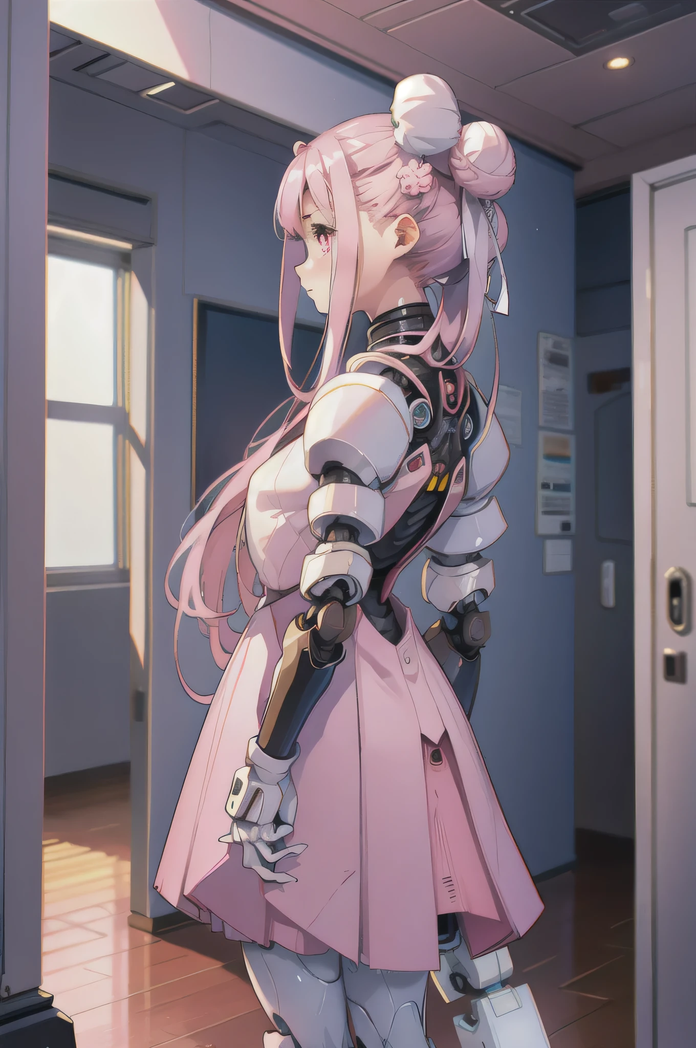 (Android),( Robot Joints), Maid clothes, Cybernetic, indoor, corridor, window, garden, Wooden Flooring, Expressionless, Put your hands behind your back,masterpiece, highest quality, High resolution, {Detailed and beautiful eyes}, finely,  Detailed and beautiful eyes,1 Girl, (alone:1.5),  (Hair Ribbon:0.4), Pink Eyes,Cinematic Angles,perspective,(((White bun hair))),(((Long pink hair))),