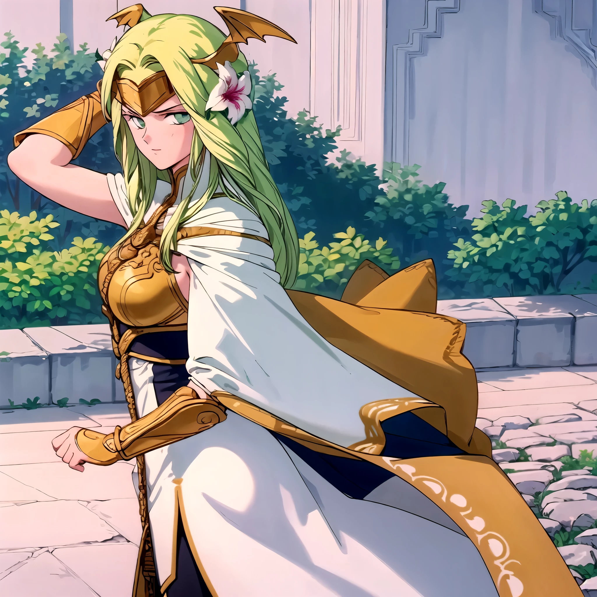 Masterpiece, solo, 1girl, upper body, seiros, head wings, white cape, gold armor, forehead protector, yellow hair, hair flowers, gauntlets, white dress