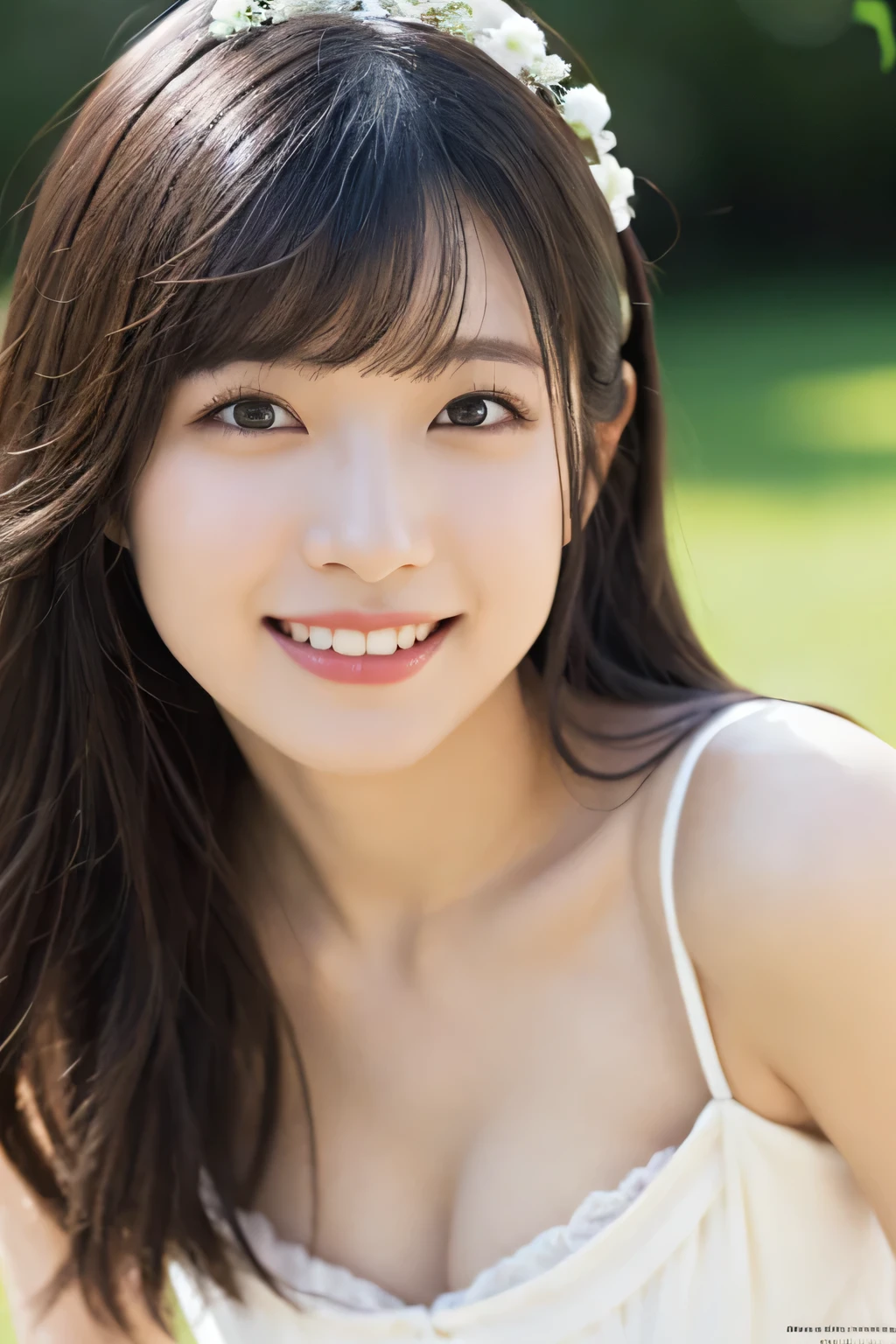 1 girl, (Wear a clean white summer dress:1.2), Very beautiful Japanese idol portraits, 
(RAW Photos, highest quality), (Realistic, Realistic:1.4), (masterpiece), 
Very delicate and beautiful, Very detailed, 2k wallpaper, wonderful, finely, Very detailed CG Unity 8K wallpaper, Very detailed, High resolution, Soft Light, 
Beautiful detailed girl, Very detailed目と顔, Beautiful and sophisticated nose, Finely beautiful eyes, Cinema Lighting, 
(Fashion magazine photography:1.3), (outdoor), (Summer Light),
(Semi-long hair), (Face close-up),
Complete Anatomy, Slender body, Small breasts, smile, happy