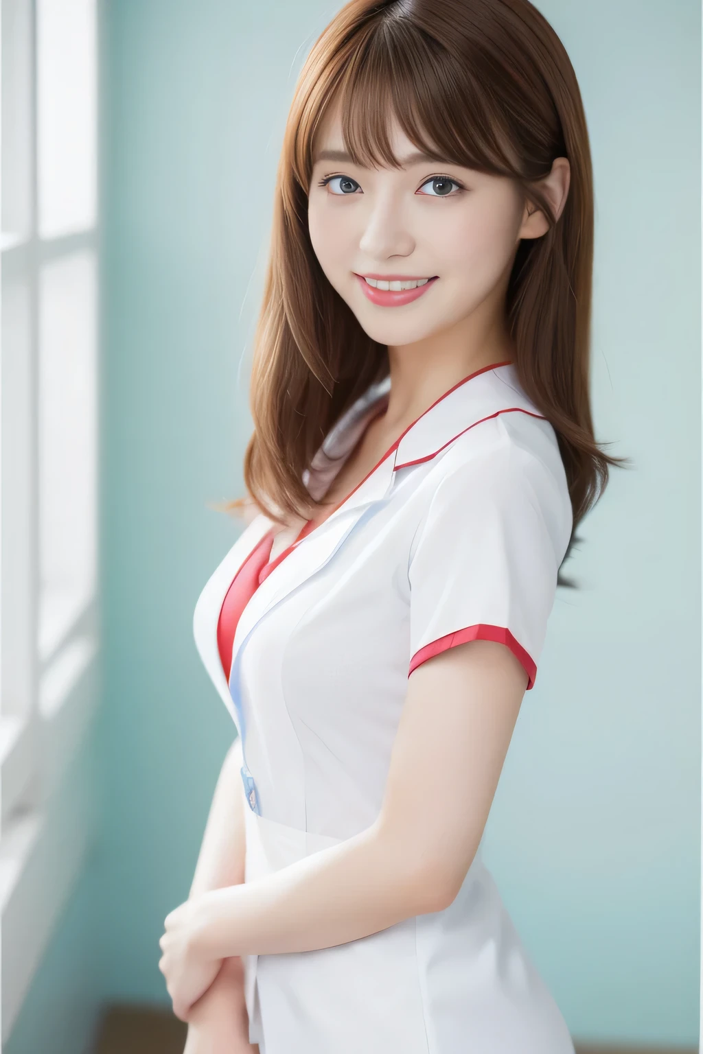 highest quality、8k wallpaper、Reality:1.4、Cinema Lighting、View your viewers、background:An all-white room、1 beautiful girl、Japanese Idol、18 years old、Beautifully detailed eyes、Detailed face、Beautiful Skin、Slender、Slim waist、Thin legs、Red lipstick、Fancy hairstyle:1.8、Random hair color、Light Hair、Asymmetrical bangs、Japanese nurse outfit、Light blue nurse uniform、smile:1.5、Seductive pose、Large Breasts:2.0、Slim Body:1.5、