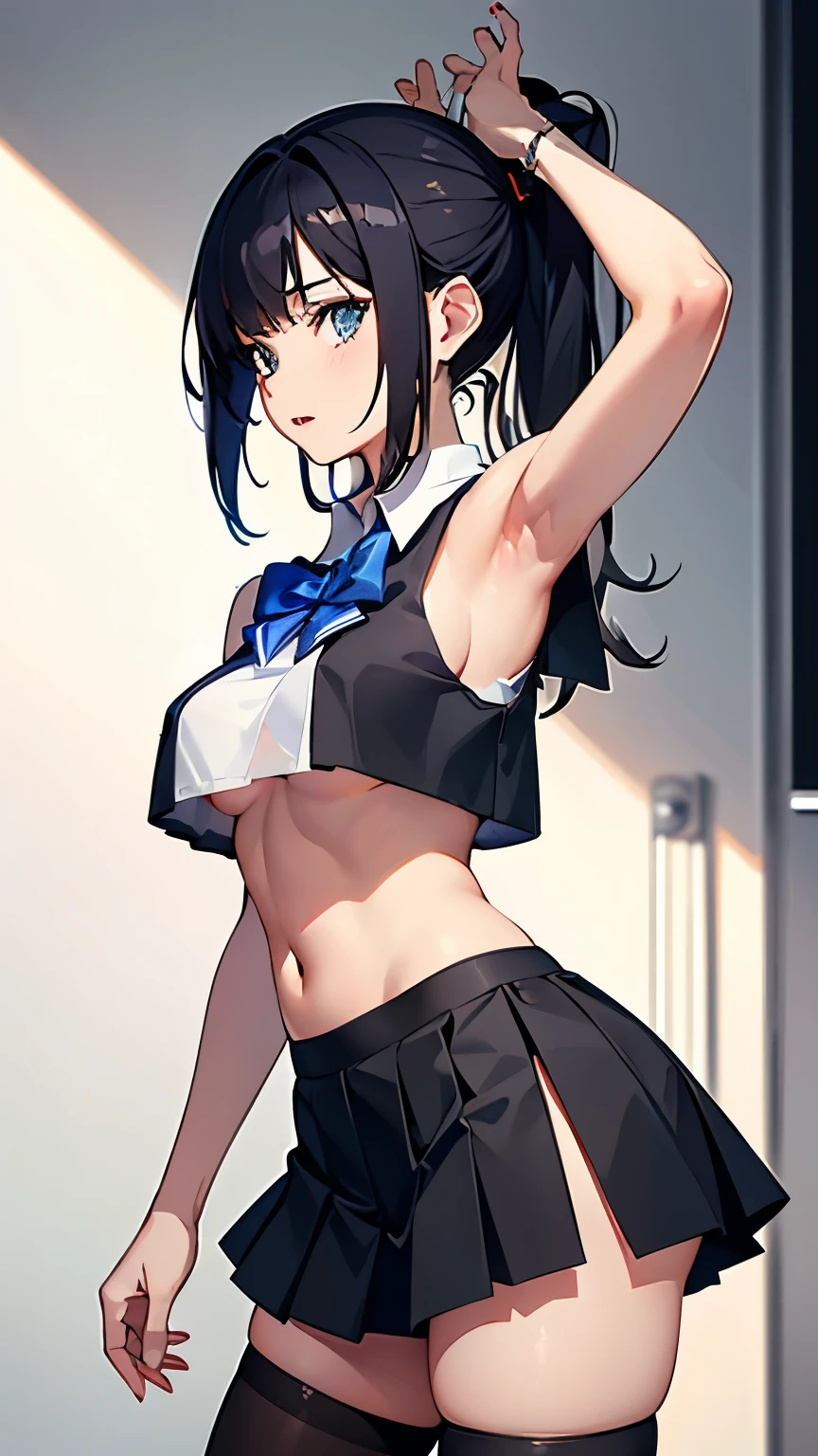 A  girl in a school uniforms, wearing a white crop top, (((underboob))), nsfw, masterpiece, best quality