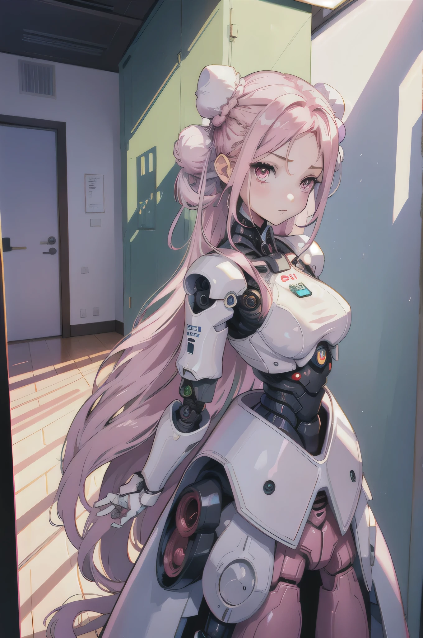 (Android),( Robot Joints), Maid clothes, Cybernetic, indoor, corridor, window, garden, Wooden Flooring, Expressionless, Put your hands behind your back,masterpiece, highest quality, High resolution, {Detailed and beautiful eyes}, finely, Detailed and beautiful eyes,1 Girl, (alone:1.5), (Hair Ribbon:0.4), Pink Eyes,Cinematic Angles,perspective,(((White bun hair))),(((Long pink hair))),