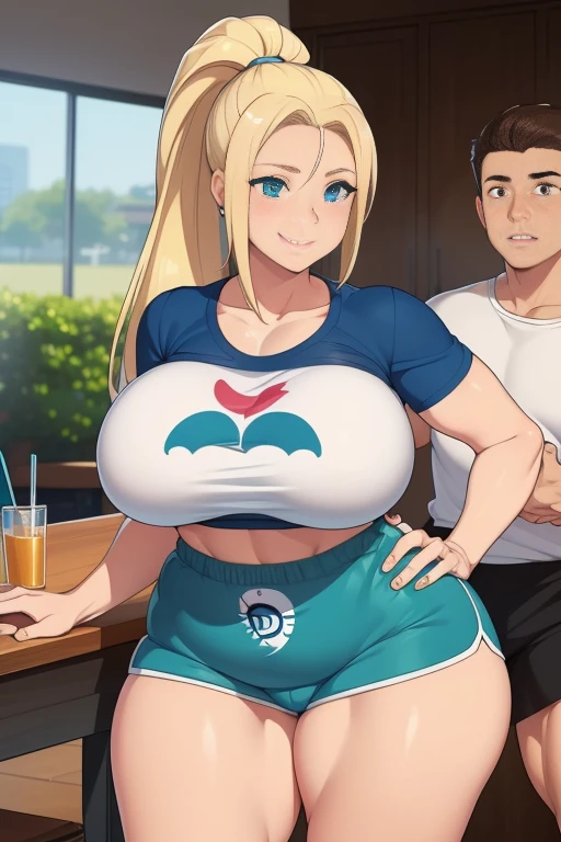 High resolution, (((two people in picture))), (one is a mature white girl, (((bimbo))), thick, long blonde, ponytail, she is smiling and laughing , very big wide hips, thick thighs, hourglass figure, small round breast, ((she's wearing dolphin shorts)), a table is in between her and viewer, she's bent over the table), (the other is a young muscular man, he's in shorts and a T-shirt, the man standing directly behind her, ((his hand is on her hip groping it)))
