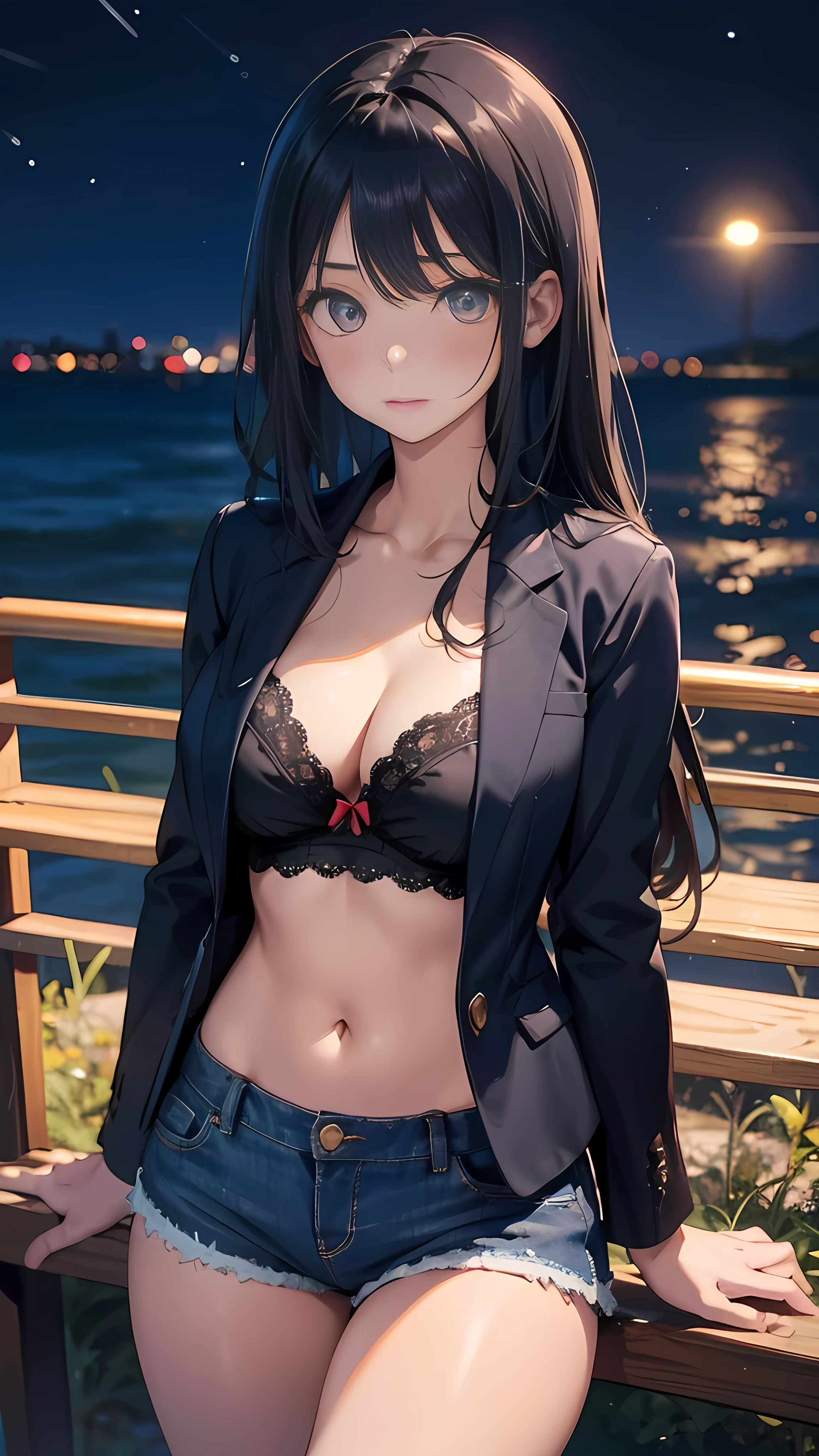 illustration：Ultra-delicate，A girl，25 years old，black blazer，Wearing thin lace underwear，Sexy thighs，Denim shorts，Black Hair，long hair，Looking at the camera，Large Breasts，at the seaside，night