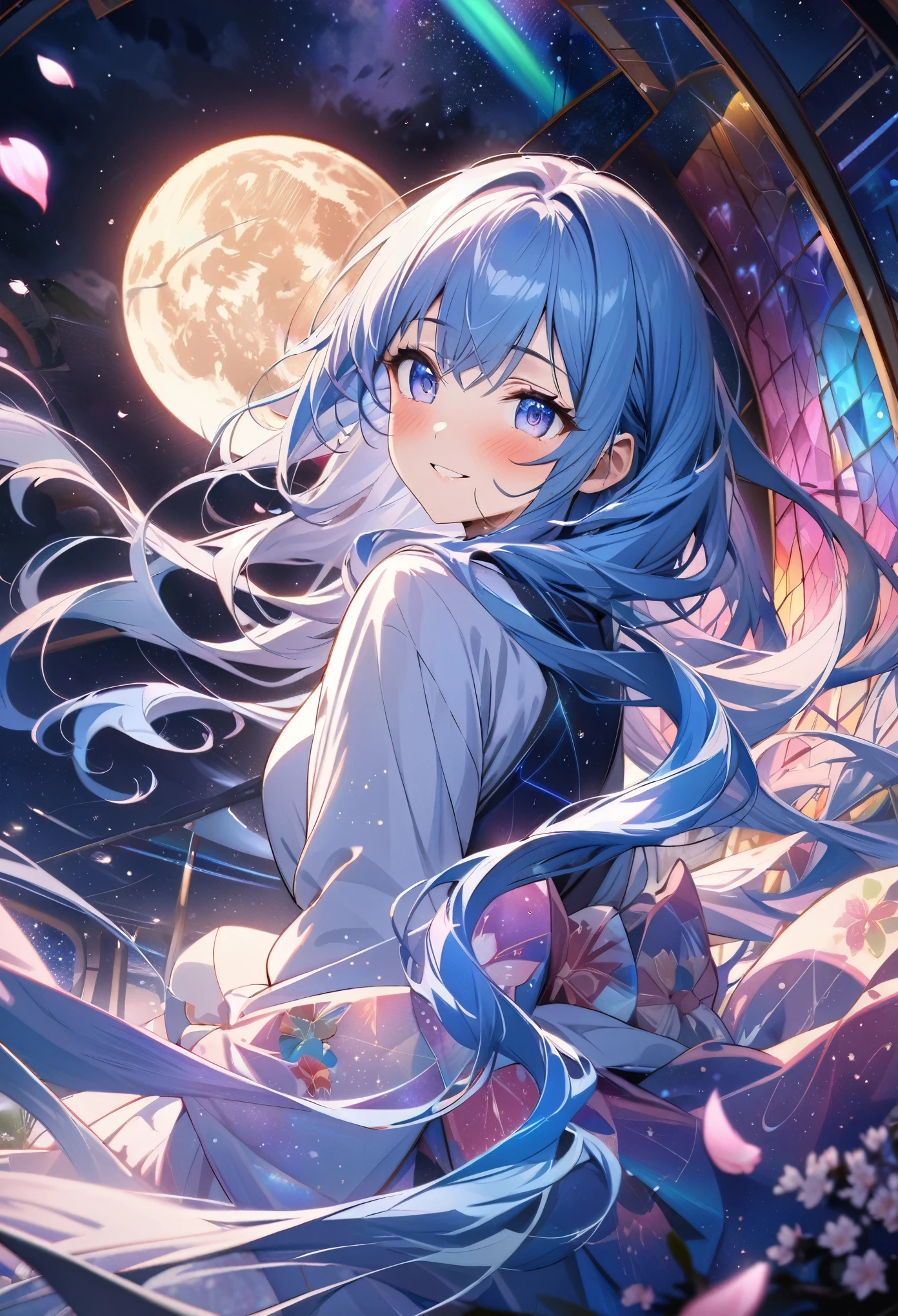 ((masterpiece:1.4)), (best quality), (ultra-detailed), anime style, 1girl, blue hair, long hair, musical note, shooting star, space, galaxy, aurora, seven-colored light, close-up of face, butterfly, constellation, (full moon:1.2), nebula, cherry blossom petals, (stained glass), entire field of stained glass flowers, night cherry blossoms, kimono, blushing, blush, smile, zoom, reflection, planetarium, flowing hair, dancing patterns.