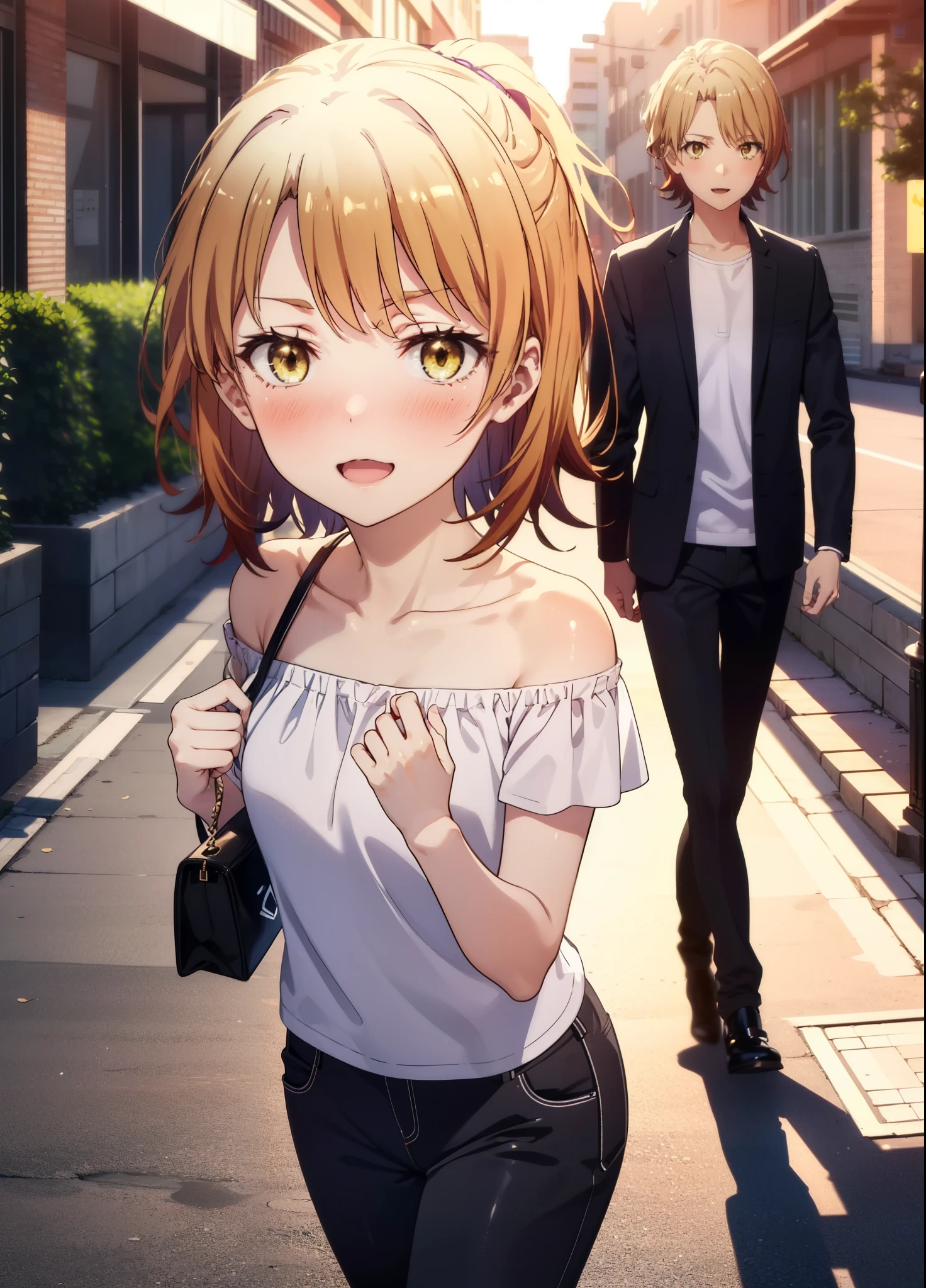 irohaisshiki, iroha isshiki, short hair, Brown Hair, (Brown eyes:1.5),happy smile, smile, Open your mouth,ponytail,Short braided hair,Medium chest,
hair band,Cord off-shoulder top,Short sleeve,skinny pants,Stiletto heels,Sunset,evening,The sun is setting,Walking,whole bodyがイラストに入るように,Looking down from above,Holding a Chanel bag in her right hand,
break outdoors,In town,Building district,
break looking at viewer, whole body,
break (masterpiece:1.2), highest quality, High resolution, unity 8k wallpaper, (shape:0.8), (Beautiful details:1.6), Highly detailed face, Perfect lighting, Extremely detailed CG, (Perfect hands, Perfect Anatomy),