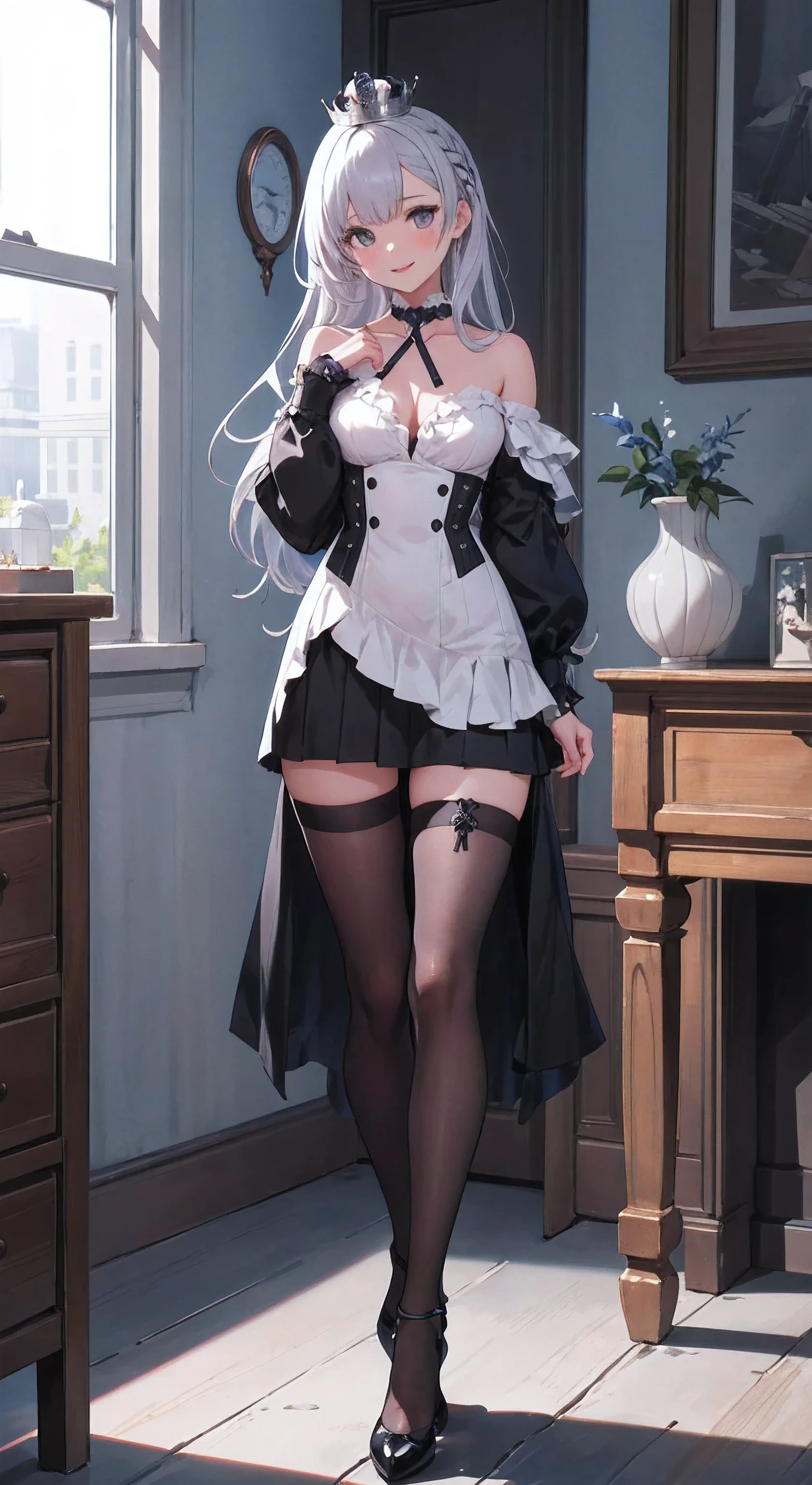 1girl, highly detailed, detailed eyes, sunny room, masterpiece, looking at viewer, illustration, game cg, collarbone, standing, glossy lips, thigh highs, high heels, silver hair, long hair, argus\(azur lane\), silver_hair, medium breasts, gray_eyes, hair_clip, argusorigin, black stockings, small silver crown on head, legs apart, feet shoulder width apart, happy, 