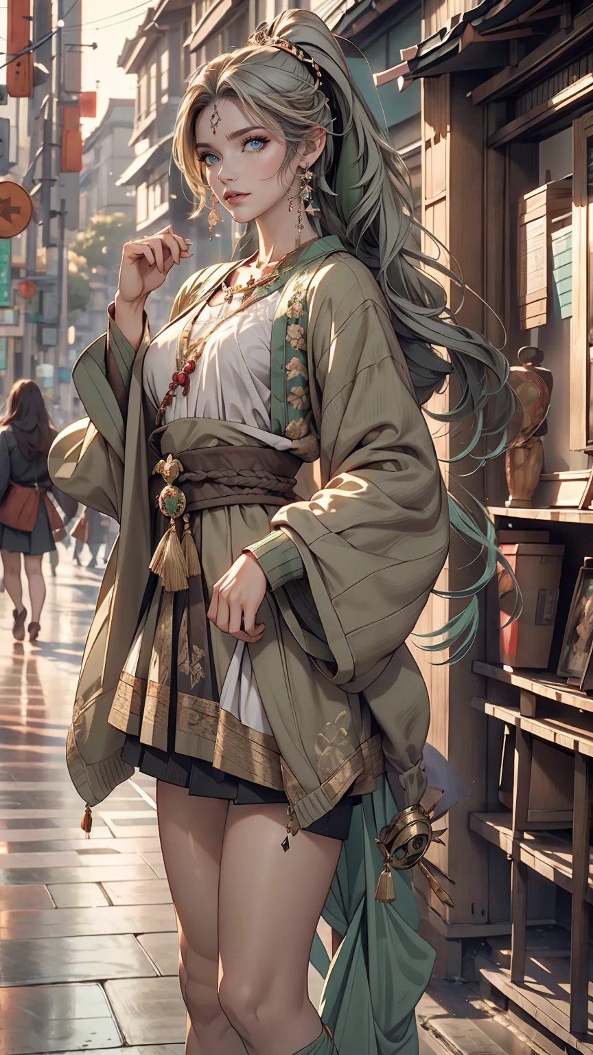 masterpiece , highest quality,Nahida(Genshin Impact) ,One girl , Small breasts,Long Hair ,Side Ponytail, hair ornaments , Gray Hair , Green Hair , Place your hands behind your head:1.5,Multicolored Hair, Fairy , Pointed Ears ,  , skirt ,cardigan,road , street,Looking at the audience
