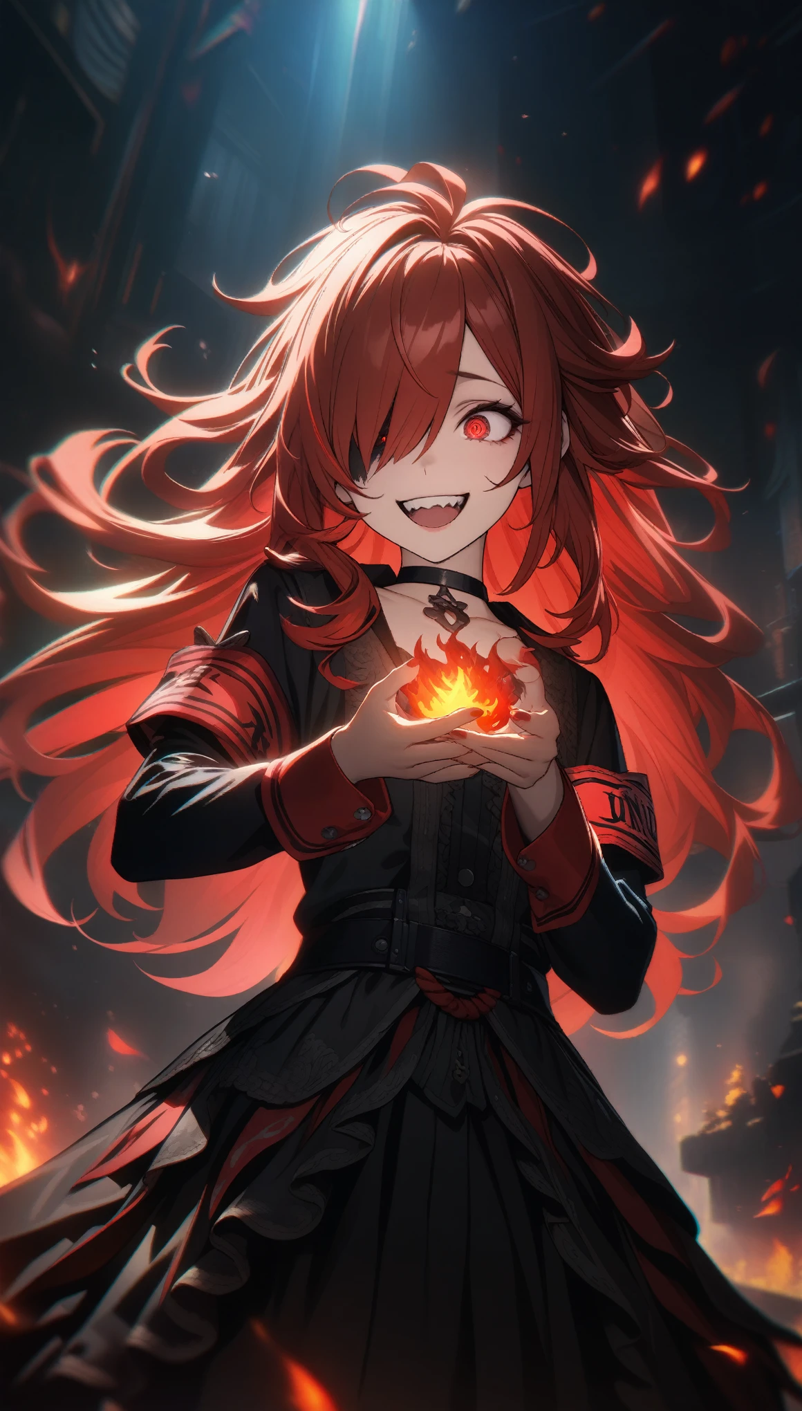 32k, best quality, ultra high res, HDR, UHD, extremely detailed CG, unity 32k wallpaper, highest quality, Intricate details, chromatic aberration, One girl, Long Hair, Red hair, Messy Hair, Red highlights, Hair on one eye, Red eyes, Sharp eyes, choker, Armband, Laugh eerily, Red flames in my hands,