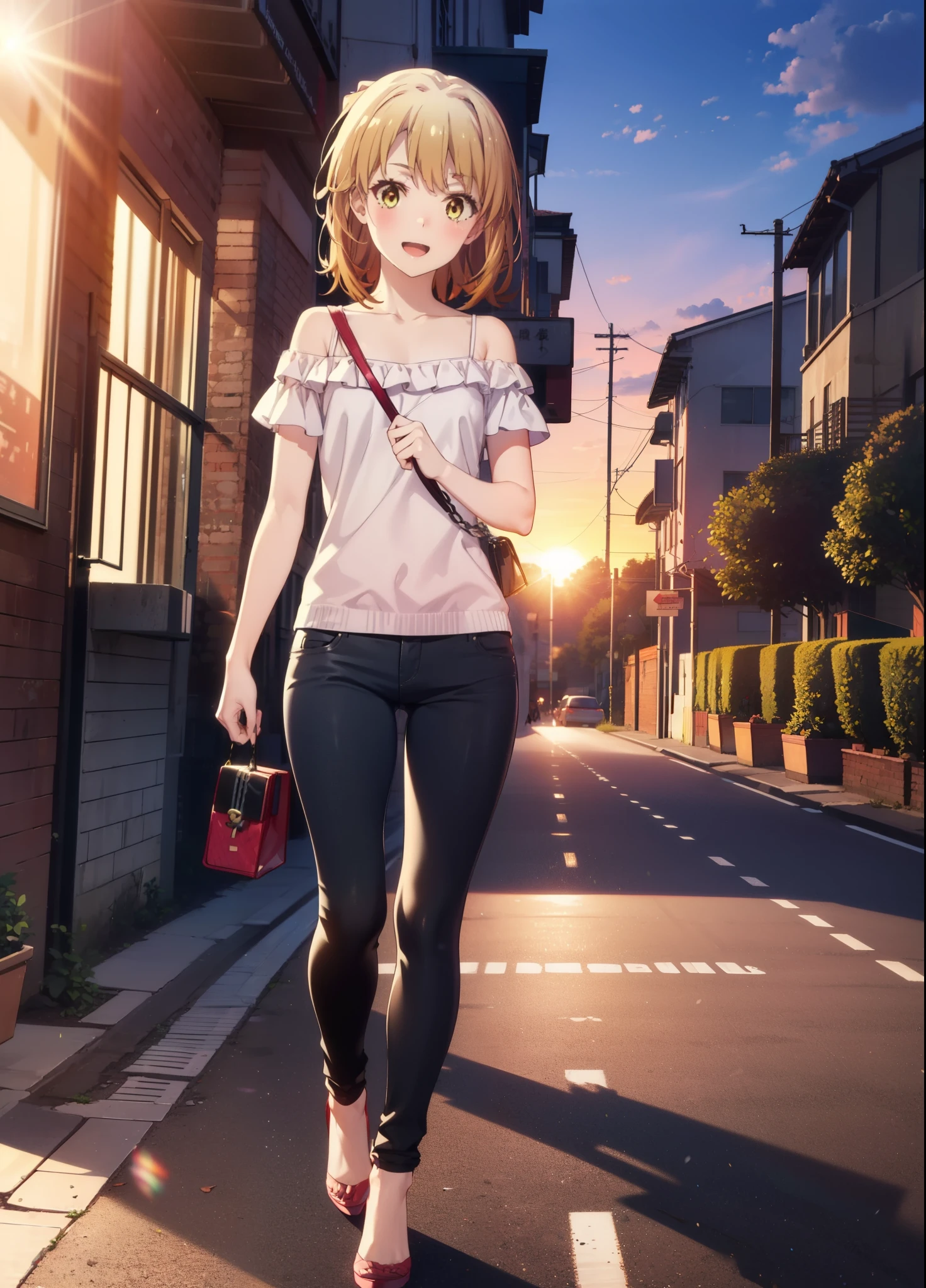 irohaisshiki, iroha isshiki, short hair, Brown Hair, (Brown eyes:1.5),happy smile, smile, Open your mouth,ponytail,Short braided hair,Medium chest,
hair band,Cord off-shoulder top,Short sleeve,skinny pants,Stiletto heels,Sunset,evening,The sun is setting,Walking,whole bodyがイラストに入るように,Looking down from above,Holding a Chanel bag in her right hand,
break outdoors,In town,Building district,
break looking at viewer, whole body,
break (masterpiece:1.2), highest quality, High resolution, unity 8k wallpaper, (shape:0.8), (Beautiful details:1.6), Highly detailed face, Perfect lighting, Extremely detailed CG, (Perfect hands, Perfect Anatomy),