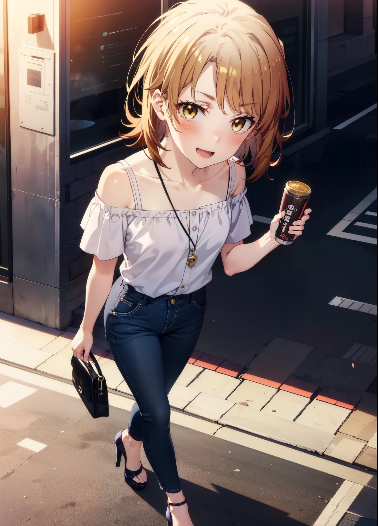 irohaisshiki, iroha isshiki, short hair, Brown Hair, (Brown eyes:1.5),happy smile, smile, Open your mouth,ponytail,Short braided hair,Medium chest,
hair band,Cord off-shoulder top,Short sleeve,skinny pants,Stiletto heels,Sunset,evening,The sun is setting,Walking,whole bodyがイラストに入るように,Looking down from above,Holding a Chanel bag in her right hand,
break outdoors,In town,Building district,
break looking at viewer, whole body,
break (masterpiece:1.2), highest quality, High resolution, unity 8k wallpaper, (shape:0.8), (Beautiful details:1.6), Highly detailed face, Perfect lighting, Extremely detailed CG, (Perfect hands, Perfect Anatomy),