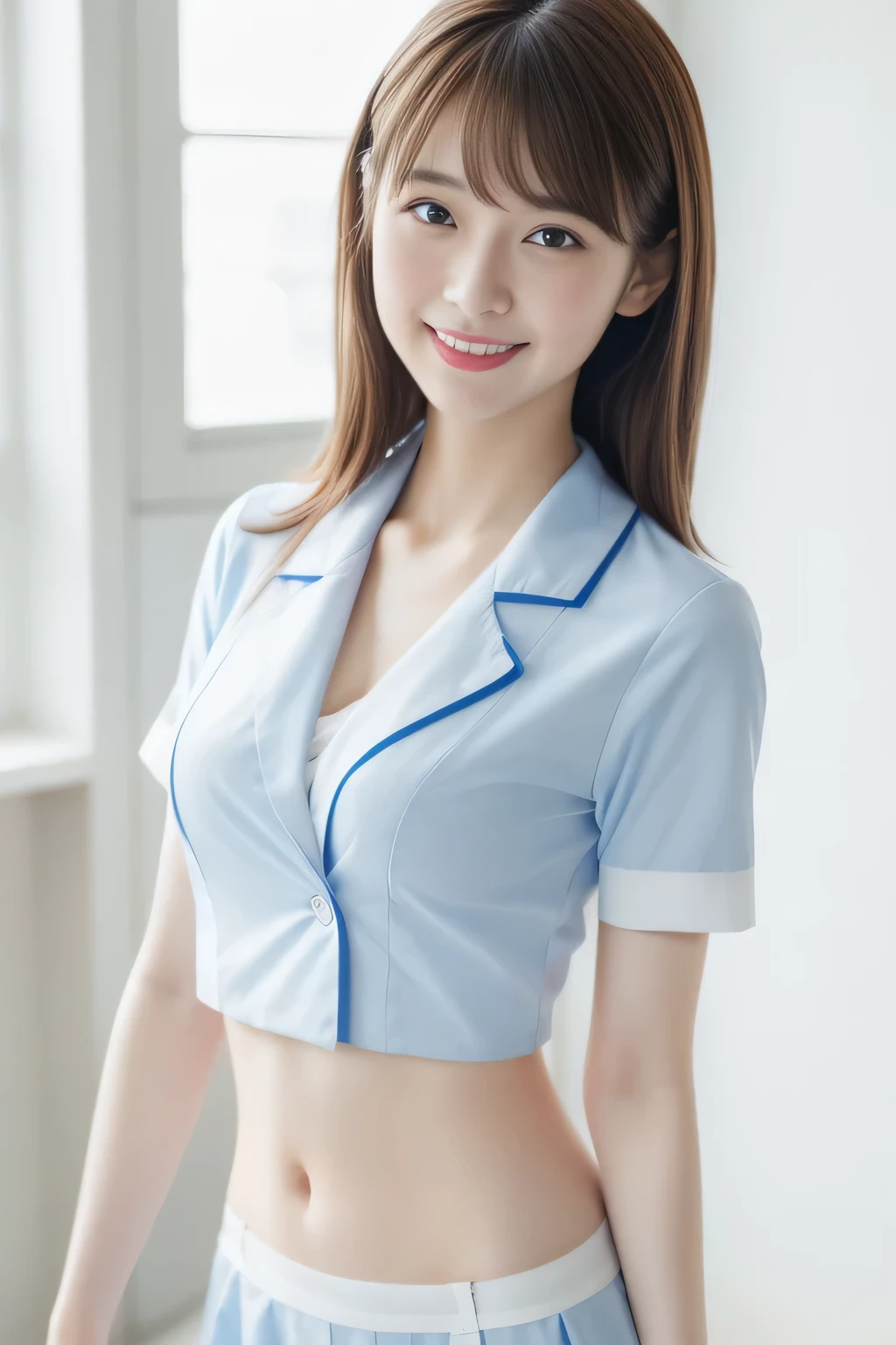 highest quality、8k wallpaper、Reality:1.4、Cinema Lighting、View your viewers、background:An all-white room、1 beautiful girl、Japanese Idol、18 years old、Beautifully detailed eyes、Detailed face、Beautiful Skin、Slender、Slim waist、Thin legs、Red lipstick、Fancy hairstyle:1.8、Random hair color、Light Hair、Asymmetrical bangs、Japanese nurse outfit、Light blue nurse uniform、smile:1.5、Seductive pose、Large Breasts:2.0、Slim Body:1.5、