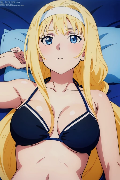 (masutepiece, Best Quality, High resolution:1.5, anime colours, megami magazine:1.2, anime poster style, anime keyvisual, sharp, 8k, photorealistic), (arms behind back), (beautiful eyes:1.5, beautiful face), Alice Zuberg, 1girl, solo, Cute, (white headband), (blond Long Hair, hair braid), blush, (sagging large ), (blue bikini), cleavagg, on back, lie on bed:1.5), upper body, spread legs, (Piled Anatomy, beautiful detailed hair, perfect detailed body:1.2, shiny skin), (thick outline, Beautiful outlines, black outlines), simple background,