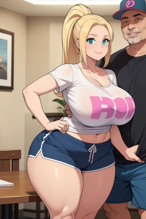 High resolution, (((two people in picture))), (one is a mature white girl, (((bimbo))), thick, long blonde, ponytail, she is smiling , very big wide hips, thick thighs, hourglass figure, small round breast, ((she's wearing dolphin shorts)), a table is in between her and viewer, she's bent over the table), (the other is a young muscular man, he's in shorts and a T-shirt, the man standing directly behind her, (((he's standing very close to her))), ((his hand is on her hip groping it)))