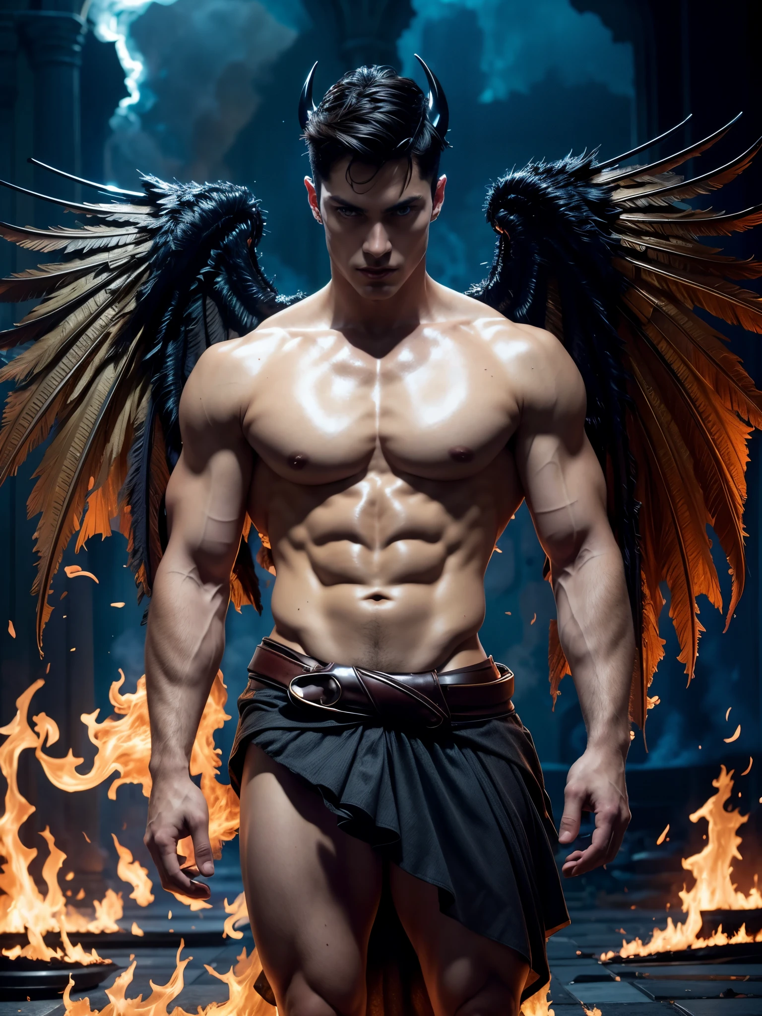 Photo-realistic, ((best quality)), ((masterpiece)), (detailed), perfect face, short hair, the devil, masculine portrait of the devil, personification of The Devil, evil look, super pale skin, (dark massive huge majestic black angel wings:1.2), black dragon horns, 18-year-old, super male model, handsome, tall, cute evil looking, dark look powerful, young male model, handsome mythical creature, super strong, muscular, fit, massive muscles, six pack, clean shave, blue eyes. wavy messy brown hair, short messy hair, messy wavy hair, shirtless, bare-chested, muscle, ripped, strong body, fit body, naked, full naked, nude, perfect penis, perfect dick, perfect cock, perfect balls, perfect scrotum, perfect testicles, perfect male genitalia, Dark background 8k, high detailed, ultra-detailed, Stylish Pose, real skin texture, dramatic cinematic lighting, ruins Gothic cathedral, ruins, fire, (floor burning:1.6)