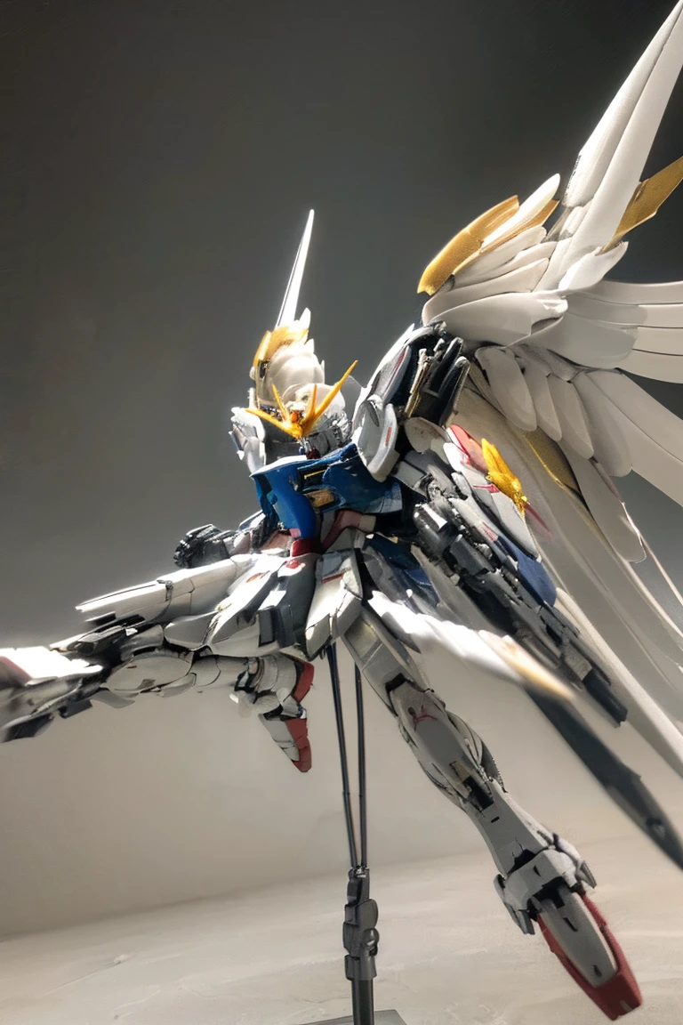 ((masterpiece, highest quality, Highest image quality, High resolution, photorealistic, Raw photo, 8K)), ((Extremely detailed CG unified 8k wallpaper)), Wing gundam zero, They spread their wings and soar over the ruined city,