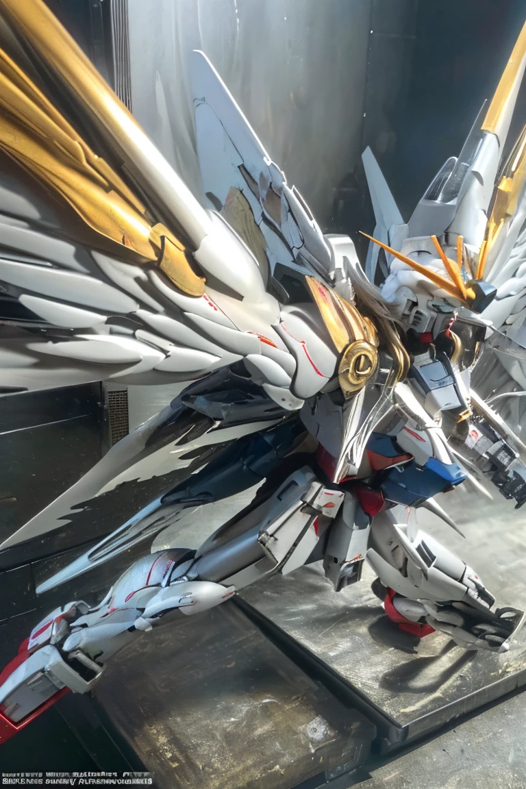 ((masterpiece, highest quality, Highest image quality, High resolution, photorealistic, Raw photo, 8K)), ((Extremely detailed CG unified 8k wallpaper)), Wing gundam zero, They spread their wings and soar over the ruined city,