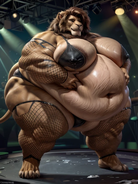 (masterpiece, best quality, a tall impossibly obese anthro lion man twerking in a night club, large bulge, wearing skimpy attire, stripper clothes, (fishnet leggins, fishnets), bhm, moobs, fat arms, fat legs, hyper fat, hyper belly, (gigantic belly), ((lion)), huge belly, big belly, flabby belly, flabby, massive belly, fat rolls, belly rolls, incredibly obese, furry, enormous, smiling, fat face, fat cheeks, plump cheeks, chubby face, double chin, huge legs, massive arms, fat arms, fat legs, male, small breasts, flat chest, masculine chest, scalie, short hair, brown hair, tail, long tail, smiling, friendly, seductive, (stripper), horny, blushing, (thick thighs,  wide hips, bottom-heavy), (twerk, twerking, ass focus, shaking ass,), tail, lion tail, masculine chest, thong, large bulge,tight clothes,, neon color grading,, fishnet shirt, (nipple patches, nipple patch), topless, (ahegao),:1.3), crisp vibrant detailed soft painterly digital art, volumetric lighting, natural lighting, realistic lighting, vibrant colors, crisp oil painting, painterly realism, depth of field, subtle soft details, vivid, fresh, striking, by chunie, by darkgem, by honovy, by zaush, by anhes, by puinkey, by caraid, by dagasi, by taranfiddler, by atey ghailan, by MilletGustave, by Curbet, Charlie Bowater, lol art