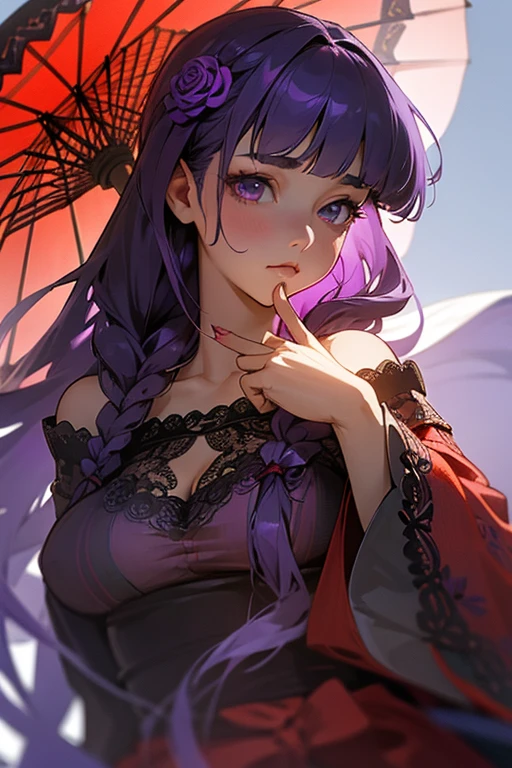 Face close-up、1 girl, Blunt bangs, Wide sleeves, hair ornaments,Swimwear、(Purple Hair:1.2), Very long hair, Straight hair, Looking at the audience, Highly detailed background, (Realistic:1.2), Beautiful Eyes, Red eyeshadow, Written boundary depth,thigh, (Ulzzang-6500:0.7), Upper Body, (alone:1.2), Cleavage, Shiny skin、Hair blowing in the wind、Four fingers, One thumb、Rose、Floral pattern on clothes、drink alcohol、Please put your hands on your hips、Face close-up、close、Stick your butt out、Laugh gently、