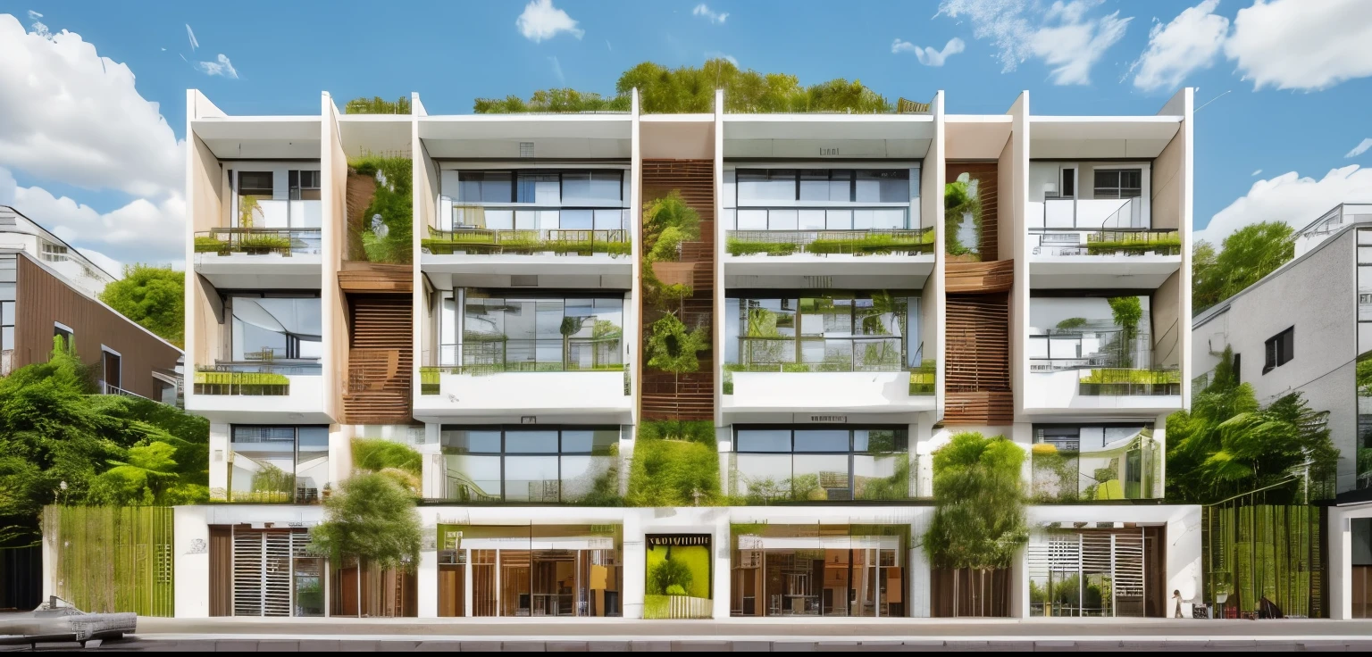 high quality, best quality, authentic, super detail, outdoors, onestoreyvillaXL, aiaigroup, bauhaus style architect, coffee shop on the street ,stairs, white wall ,road,pavement, grass, trees, sky, cloud, (daylight:1.1)