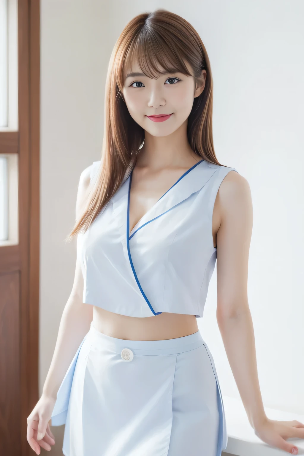 highest quality、8k wallpaper、Reality:1.4、Cinema Lighting、View your viewers、background:An all-white room、1 beautiful girl、Japanese Idol、18 years old、Beautifully detailed eyes、Detailed face、Beautiful Skin、Slender、Slim waist、Thin legs、Red lipstick、Fancy hairstyle:1.8、Random hair color、Light Hair、Asymmetrical bangs、Japanese nurse outfit、Light blue nurse uniform、smile:1.5、Seductive pose、Large Breasts:2.0、Slim Body:1.5、